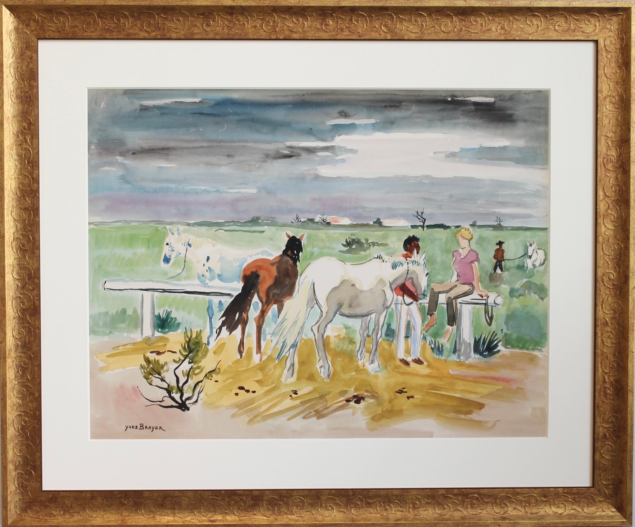 Camargue Guardians with Horses, Gouache on Paper, Framed, 1950s