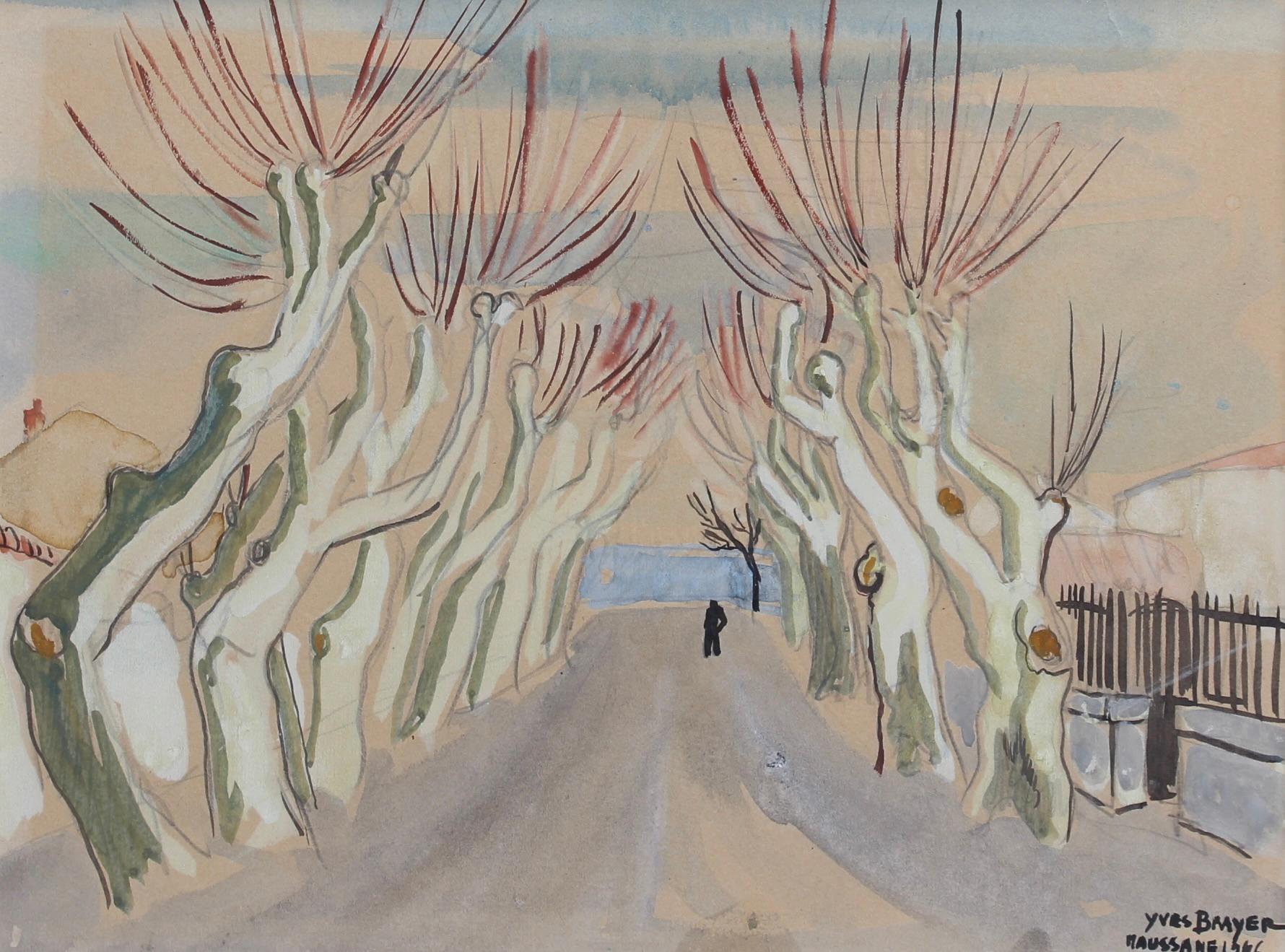 Plane-Bäume im Winter – Maussane-les-Alpilles, Reihe von Pflanzgefäßen – Painting von Yves Brayer