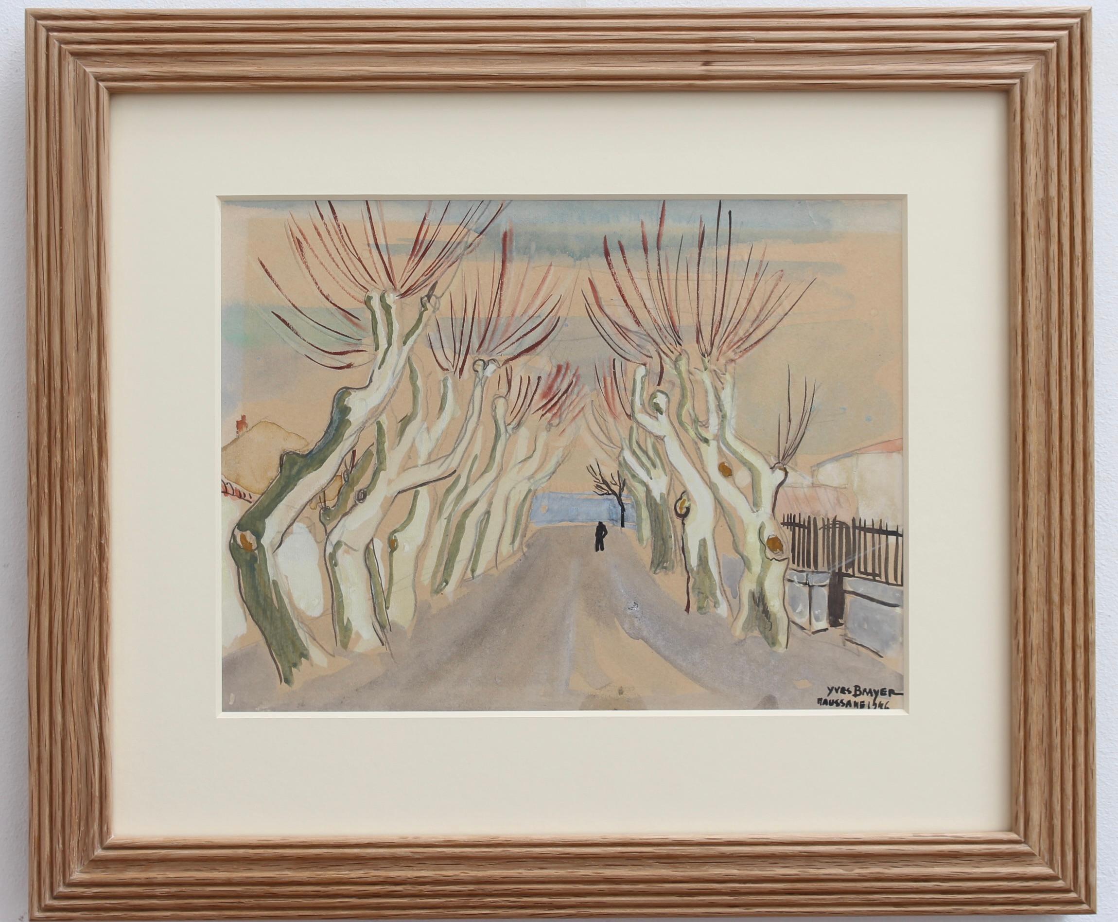 Yves Brayer Landscape Painting – Plane-Bäume im Winter – Maussane-les-Alpilles, Reihe von Pflanzgefäßen