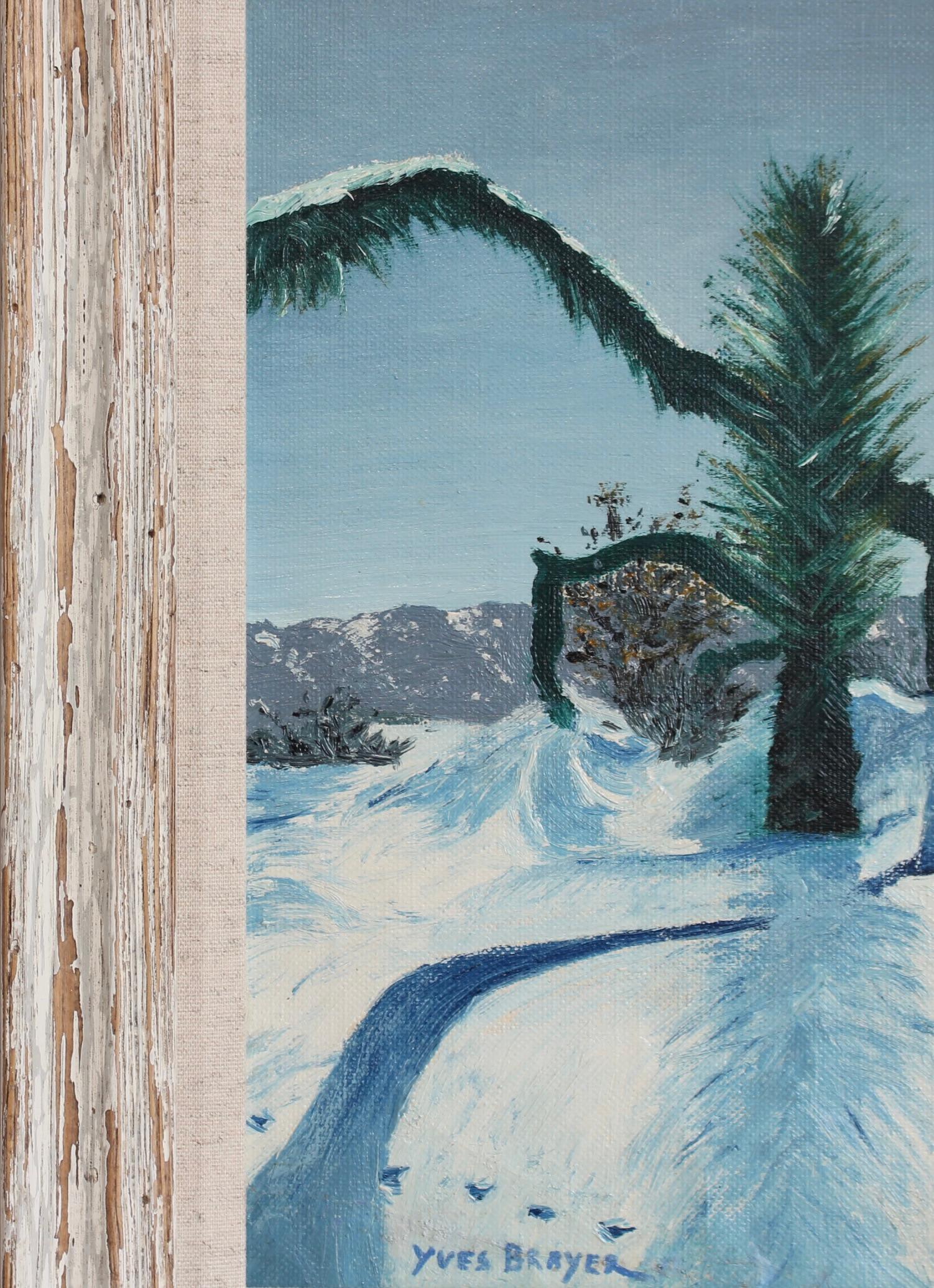 'Snow in Provence', oil on board, by Yves Brayer (circa 1960s). A rare and atmospheric landscape by Yves Brayer, capturing an exceptional moment in the Provençal countryside. Snow in the elevated terrain of the Alpilles near Saint-Rémy-de-Provence