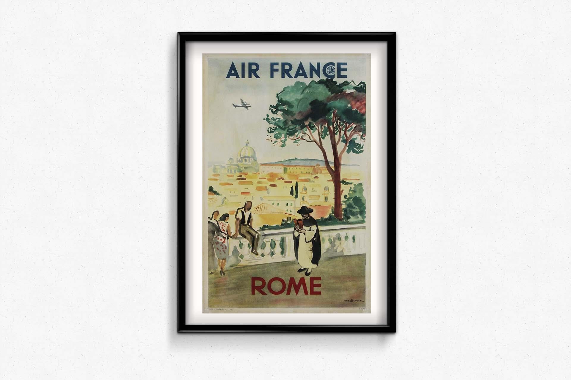 1949 original travel poster by Yves Brayer promoting Air France trips to Rome For Sale 1