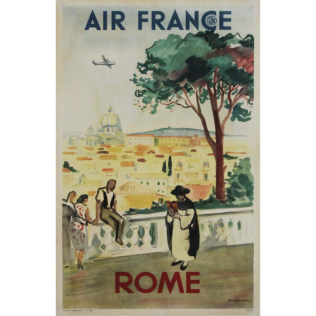 The 1949 original travel poster by Yves Brayer promoting Air France trips to Rome encapsulates the allure and elegance of mid-20th-century travel. Created by the renowned French artist Yves Brayer, this poster serves as both a stunning work of art