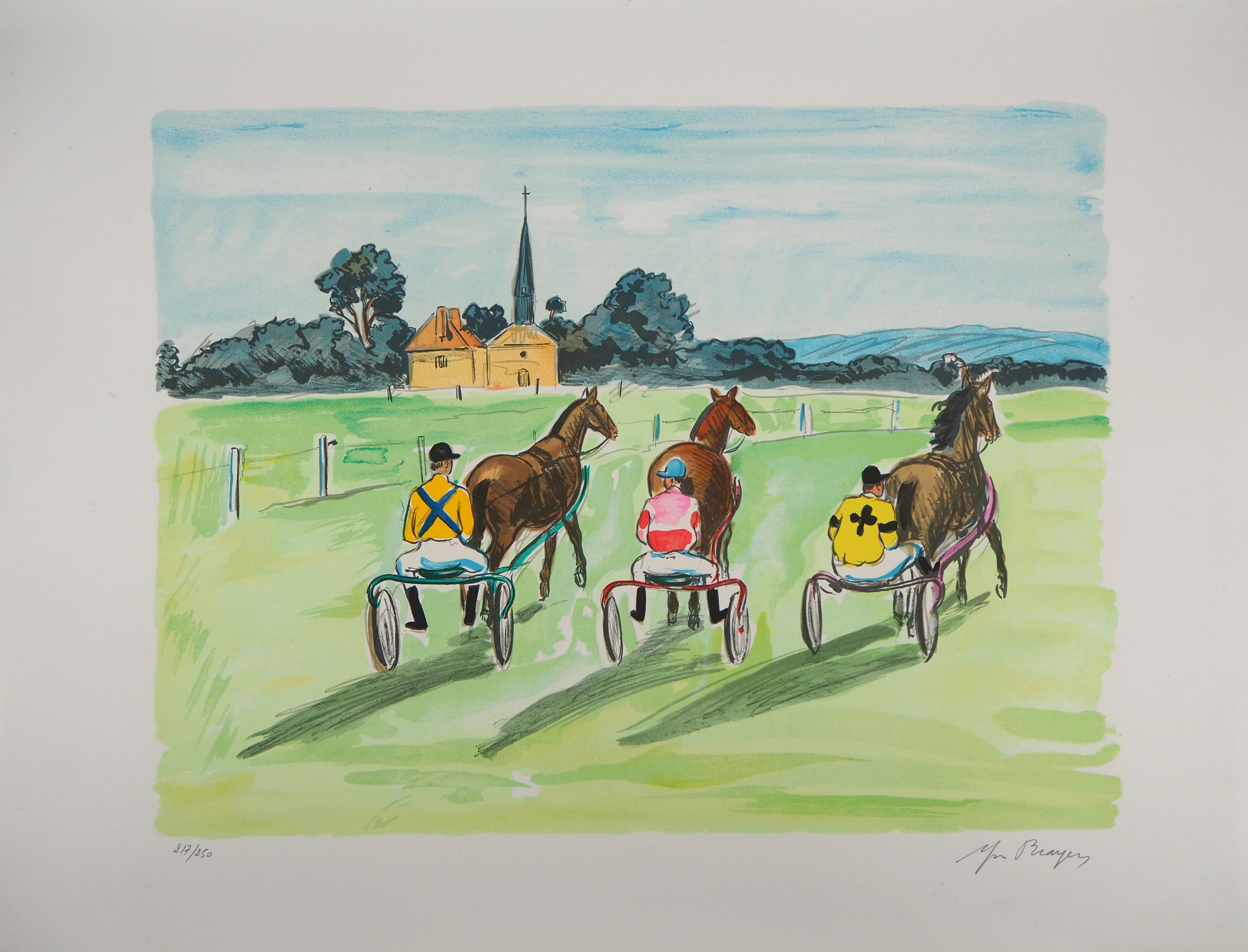 Yves Brayer Landscape Print - Before the Trotting Race - Original Lithograph Handsigned Numbered
