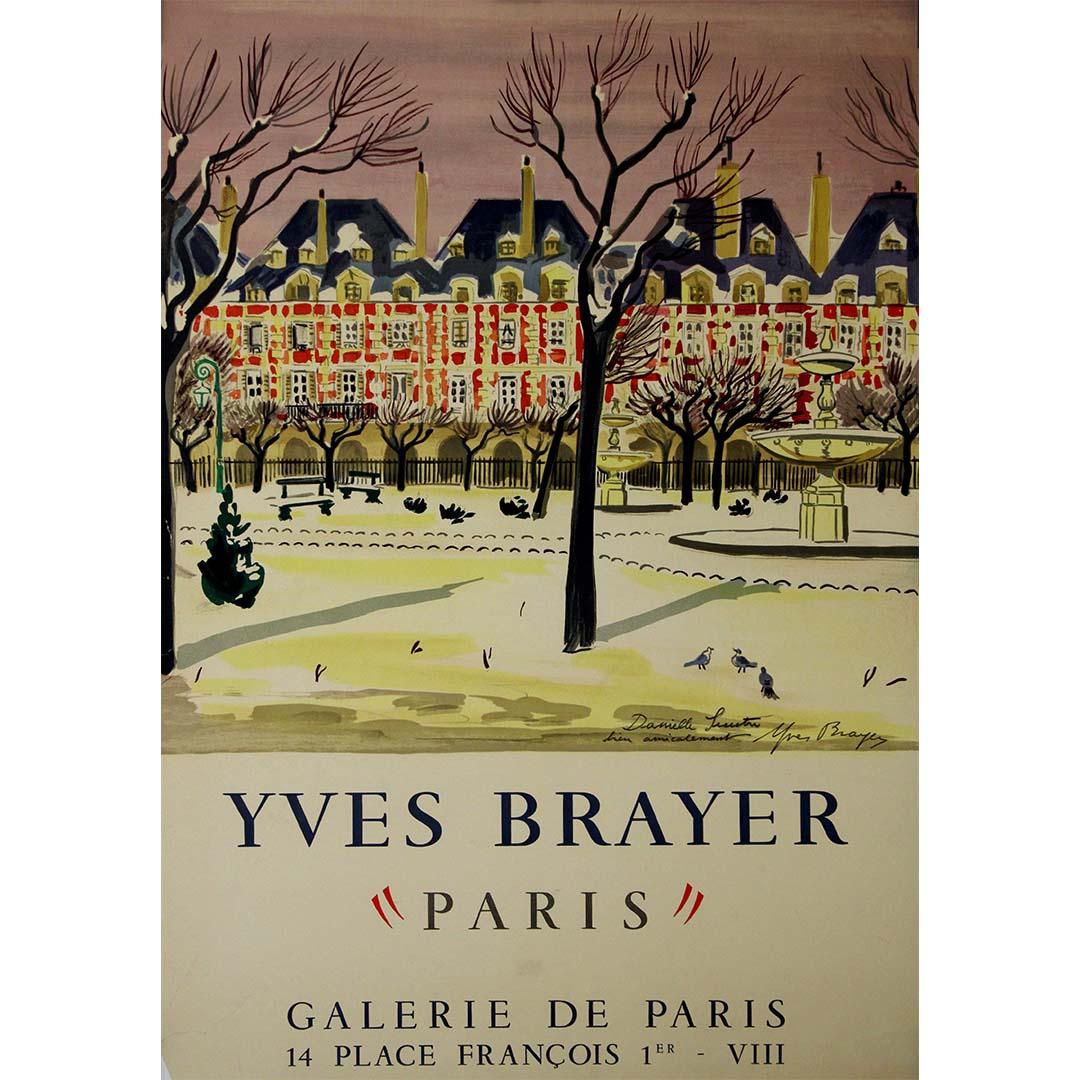 This original vintage poster, created circa 1950 by the celebrated French painter Yves Brayer, beautifully captures the timeless elegance of Place des Vosges in the heart of Paris. Known for his masterful depictions of landscapes and cityscapes,
