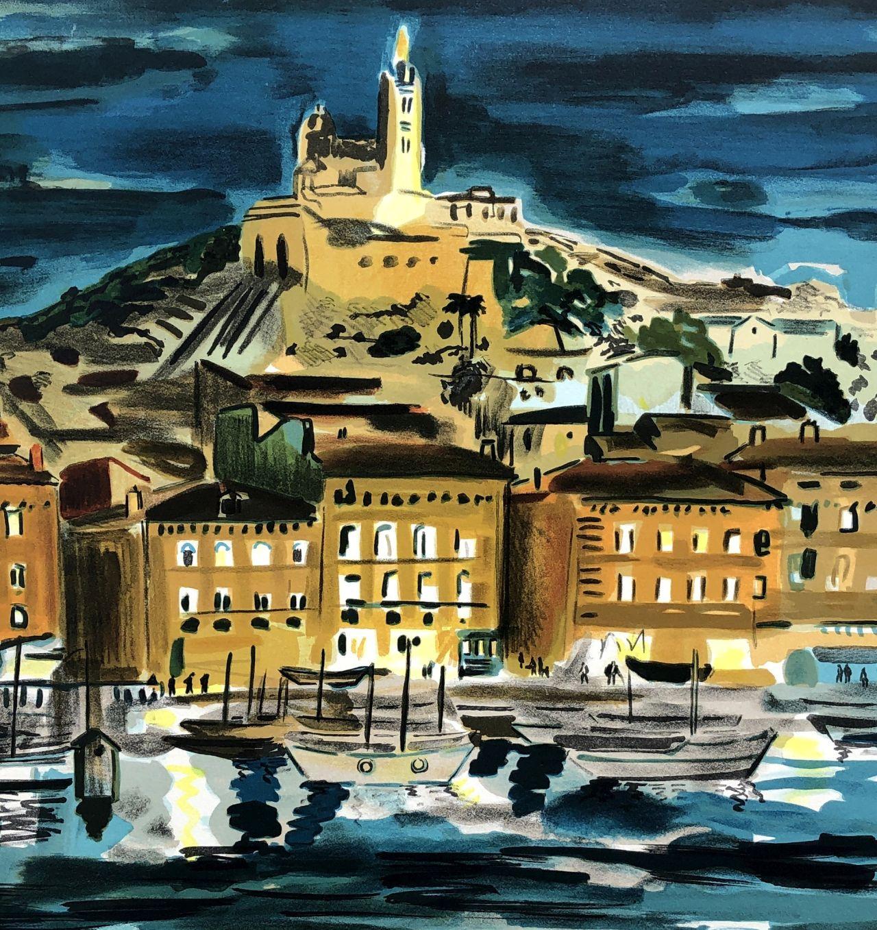 France : Marseille by Night - Original Lithograph Handsigned Numbered - Black Landscape Print by Yves Brayer