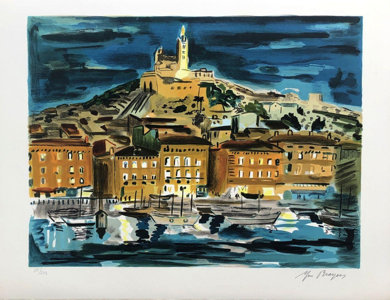 Yves Brayer Landscape Print - France : Marseille by Night - Original Lithograph Handsigned Numbered