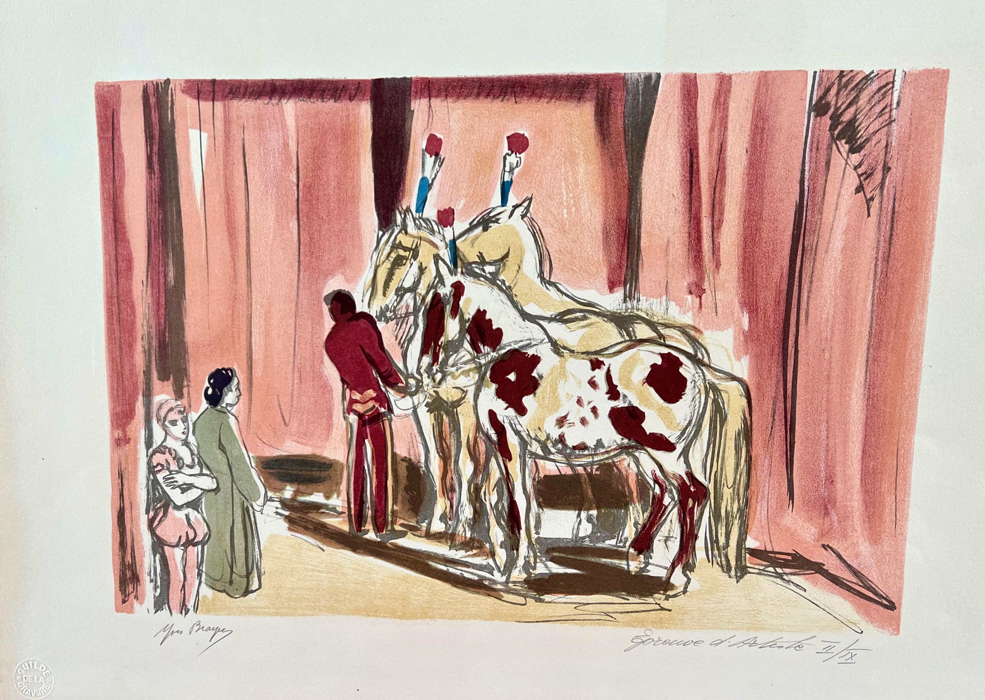 Abstract Drawing Yves Brayer - Les chevaux de cirque, gouache originale, lithographie