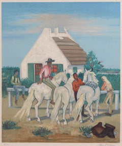 Lithographie originale signée « Les Gardians de la Camargue »