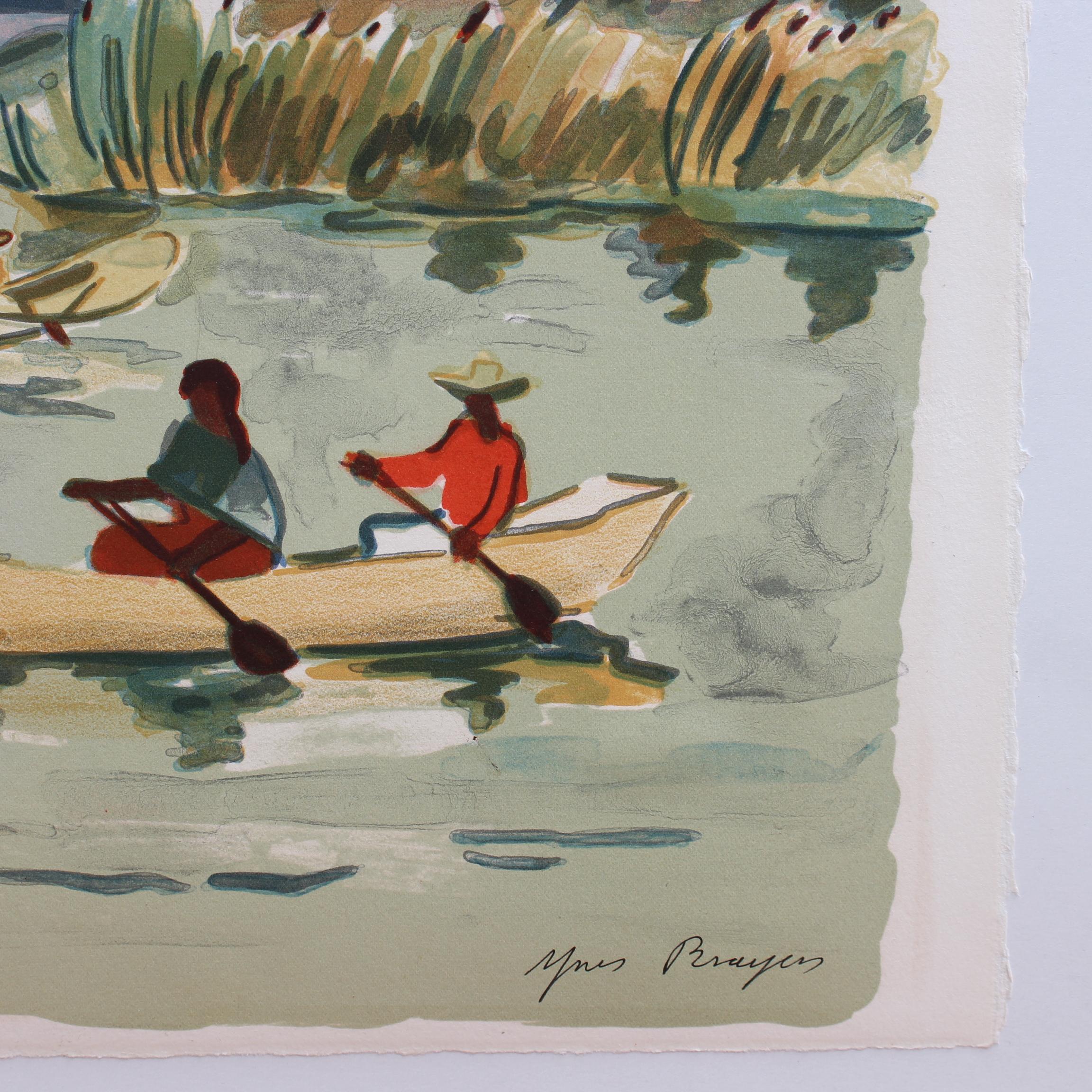 'Mexican Fishermen in Lake Patzcuaro' Lithograph by Yves Brayer Modern Landscape For Sale 6