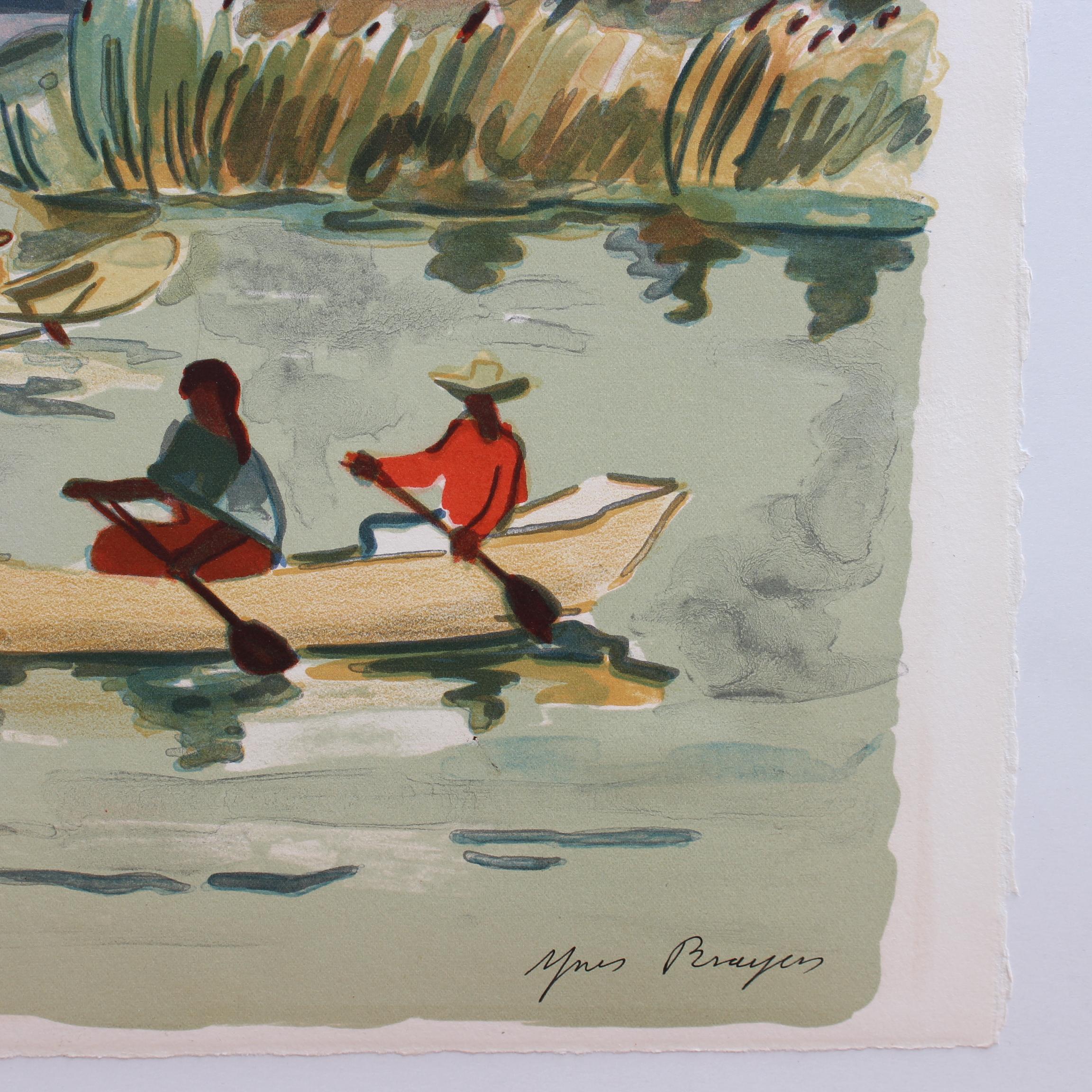 'Pescadores mexicanos en el lago de Pátzcuaro' Litografía de Yves Brayer Paisaje moderno en venta 7