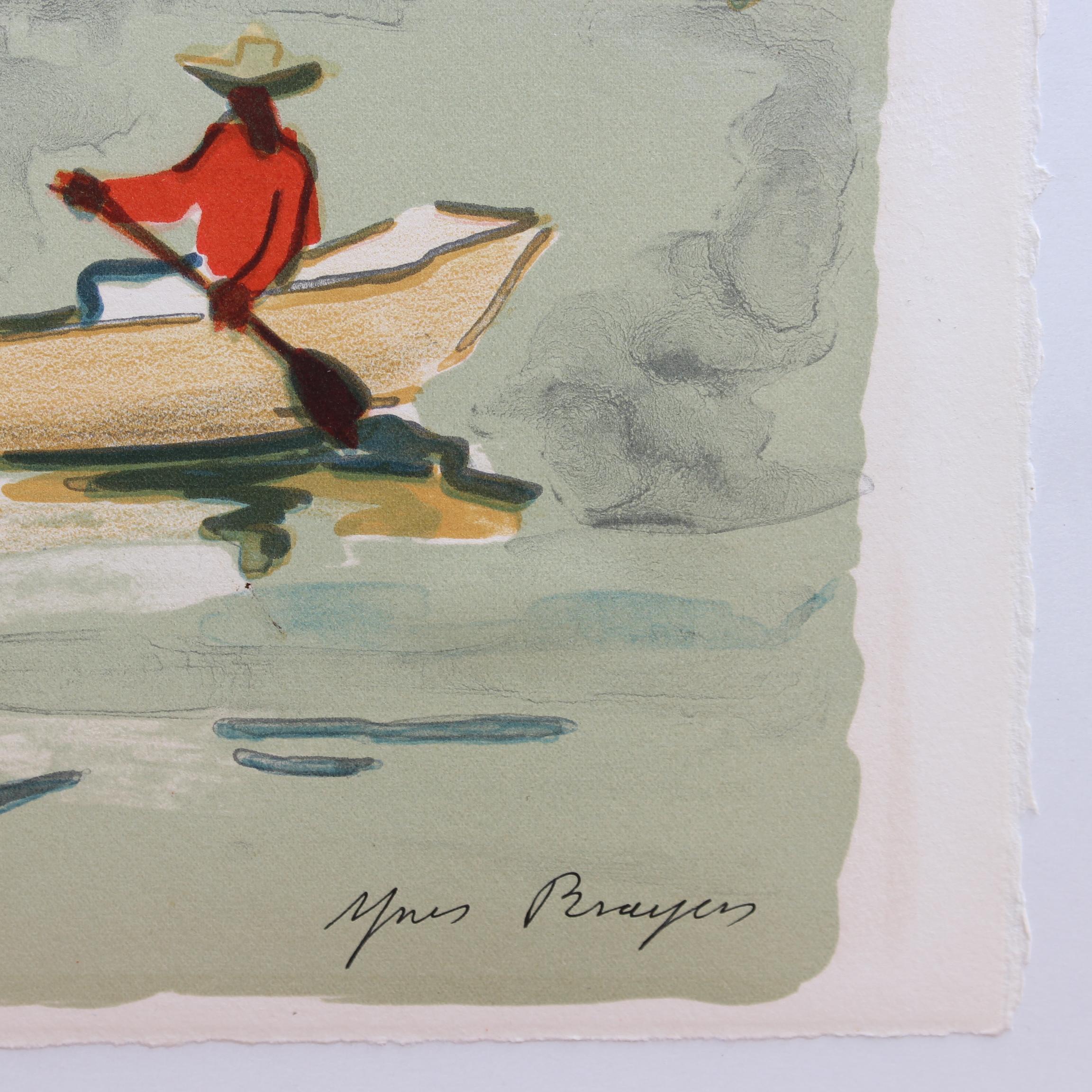 'Pescadores mexicanos en el lago de Pátzcuaro' Litografía de Yves Brayer Paisaje moderno en venta 8
