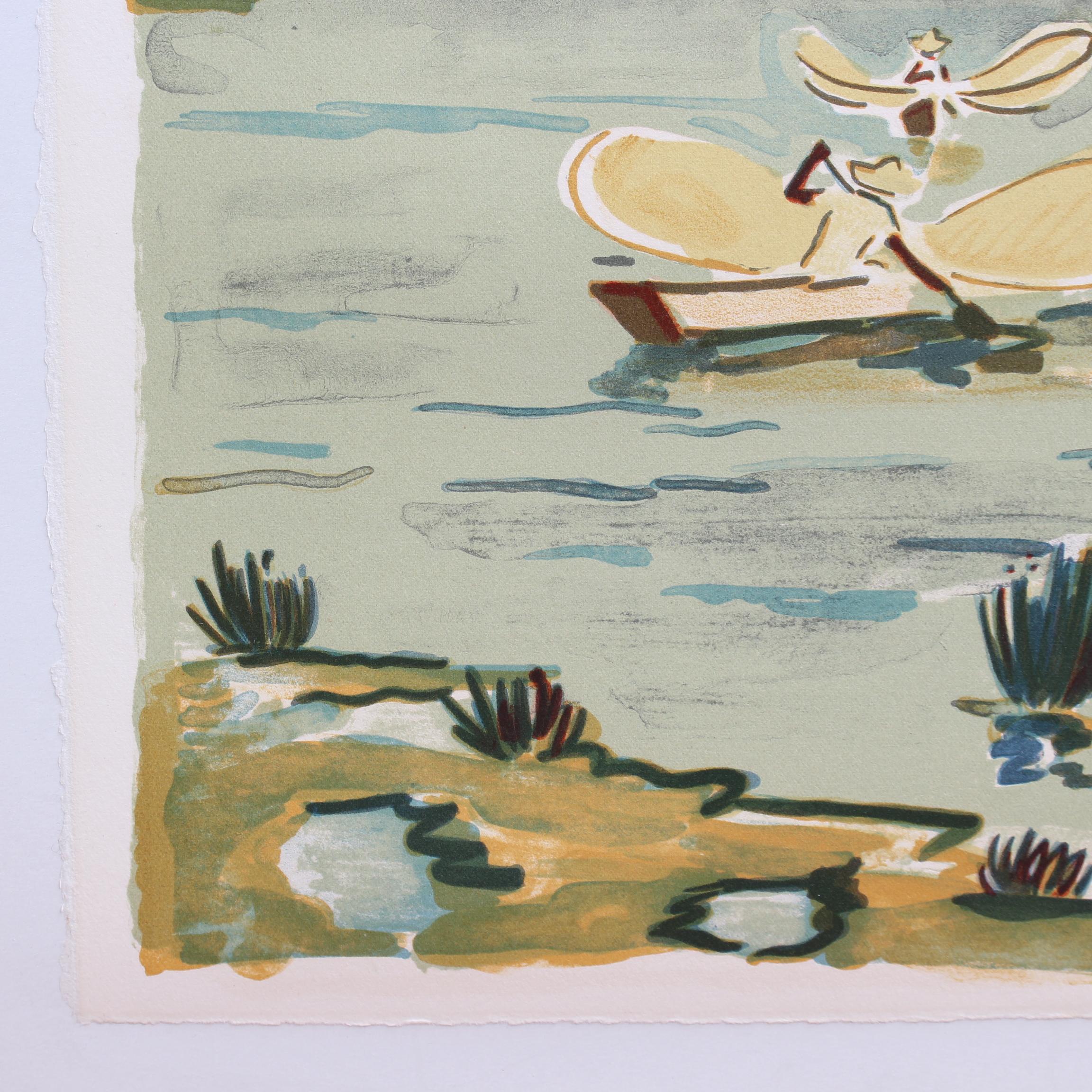 'Pescadores mexicanos en el lago de Pátzcuaro' Litografía de Yves Brayer Paisaje moderno en venta 10