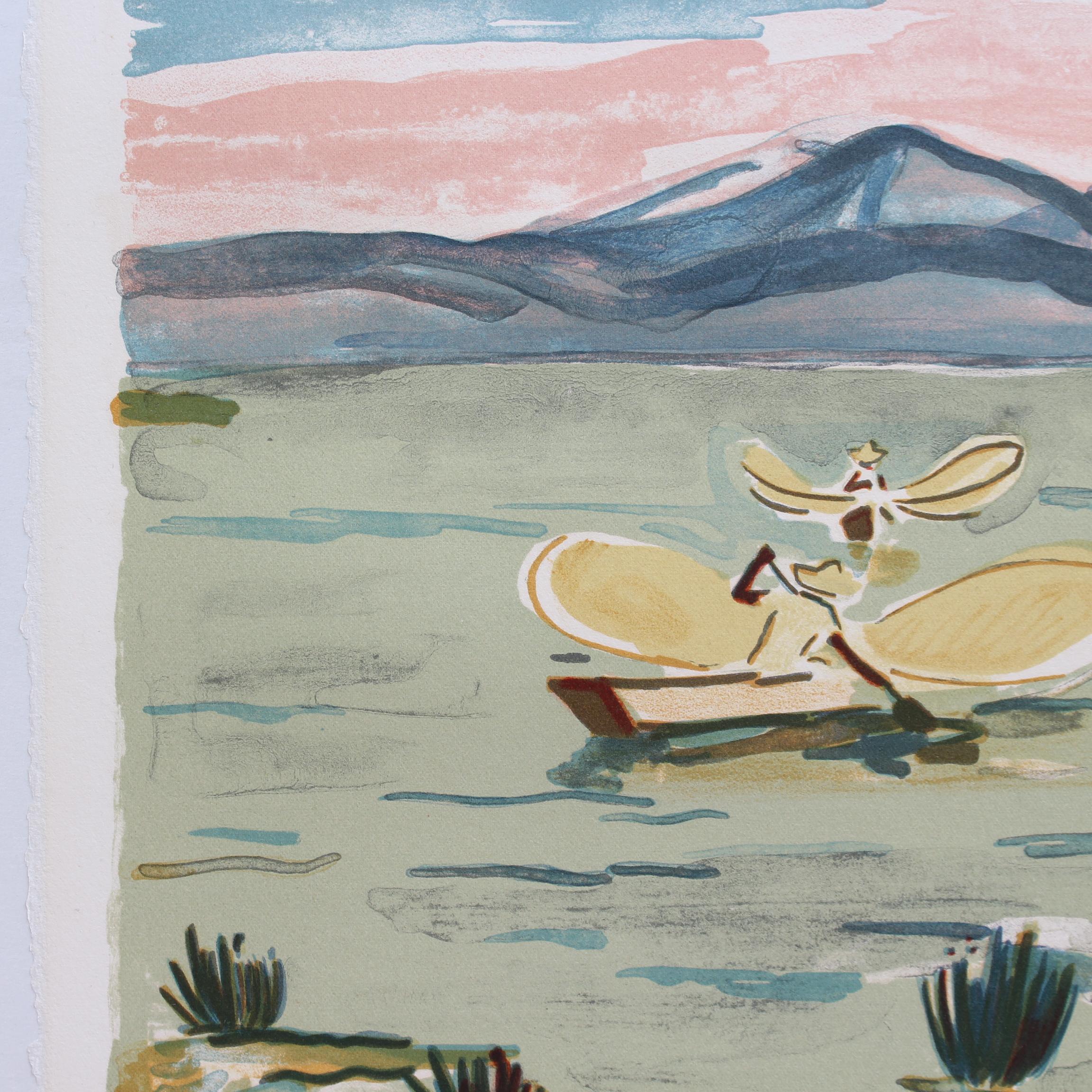 'Pescadores mexicanos en el lago de Pátzcuaro' Litografía de Yves Brayer Paisaje moderno en venta 12