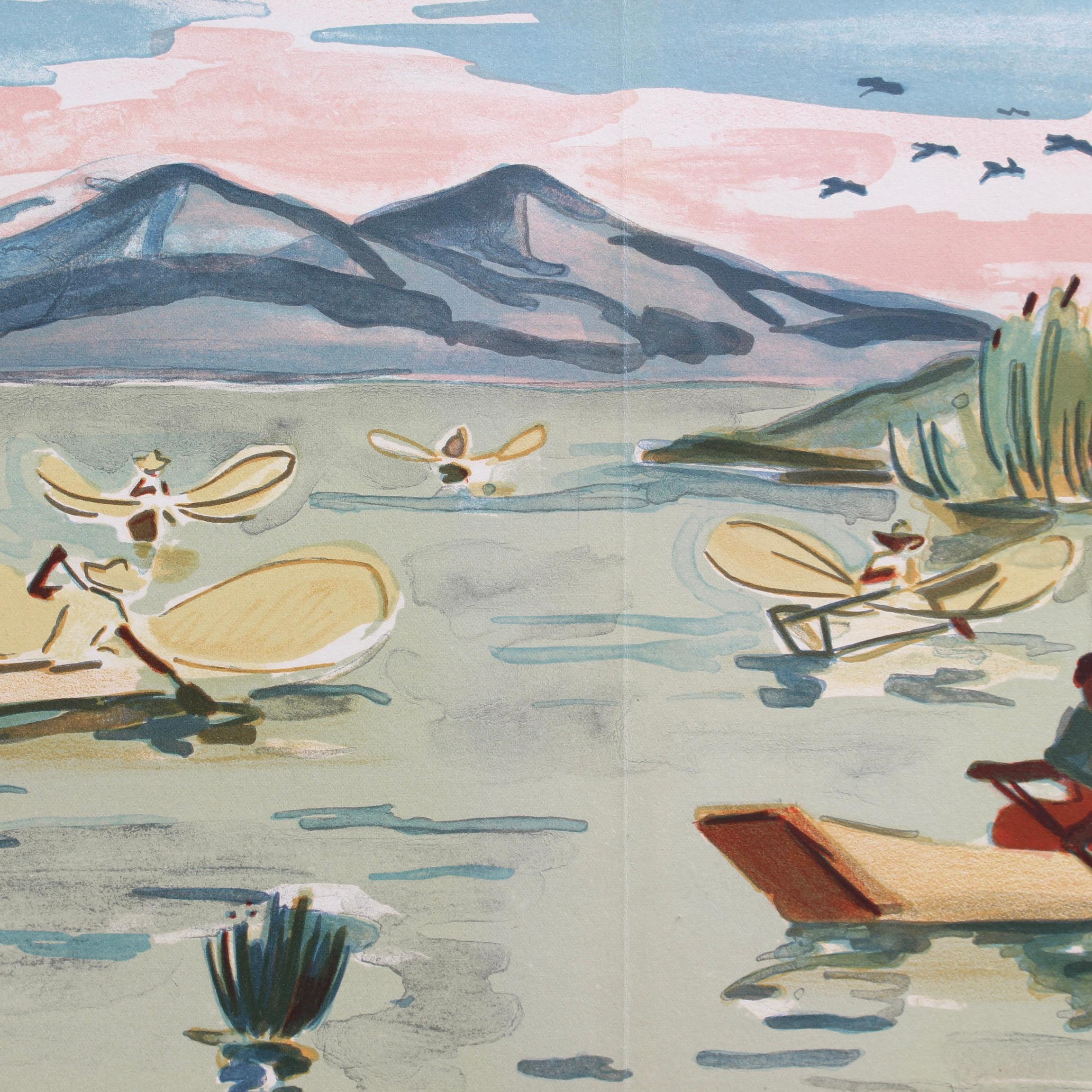 'Pescadores mexicanos en el lago de Pátzcuaro' Litografía de Yves Brayer Paisaje moderno en venta 13