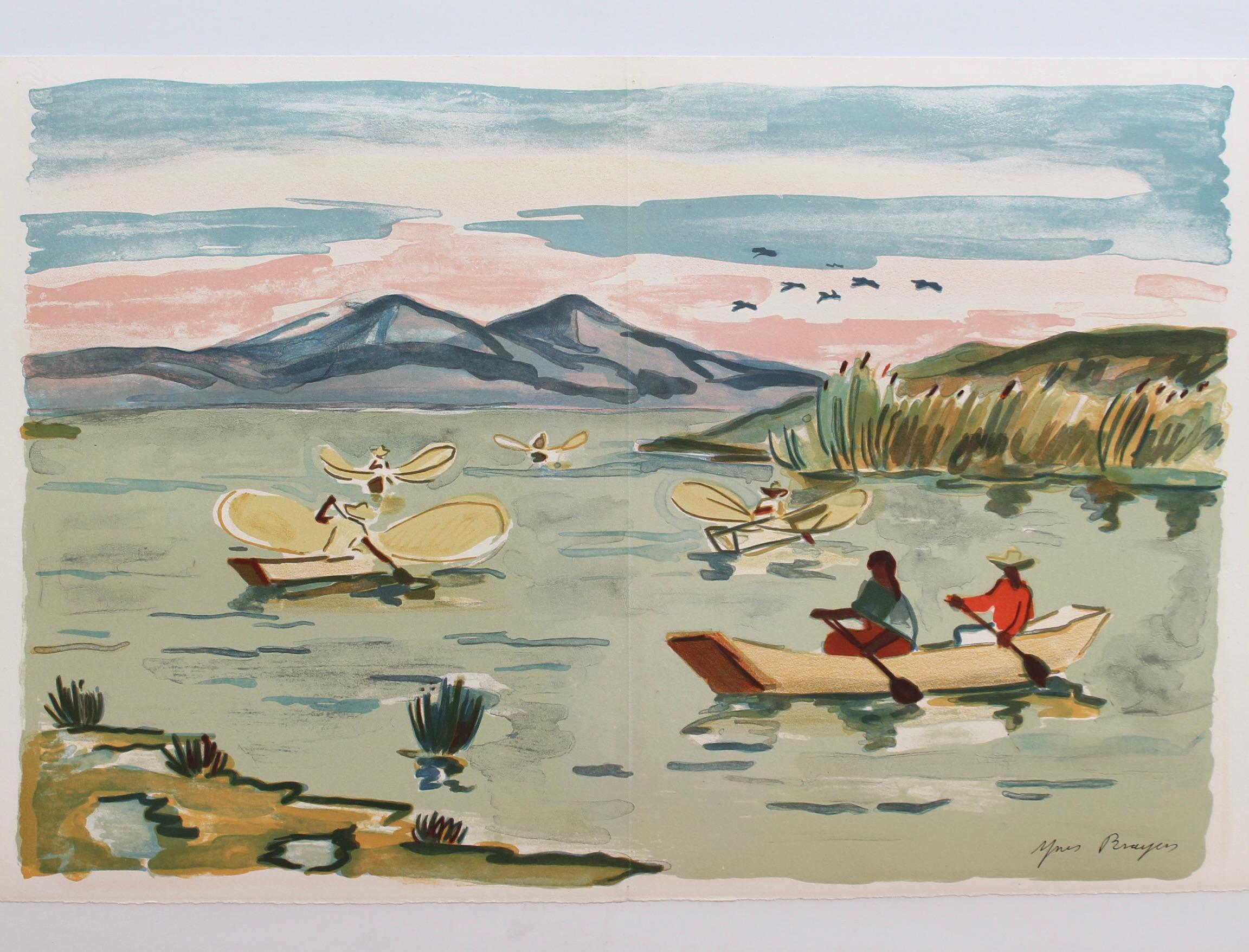 'Mexican Fishermen in Lake Patzcuaro', lithograph by Yves Brayer (1963). Unframed. The artist, Yves Brayer, spent time painting in Mexico in 1963, one of the many worldwide destinations to which he travelled with the intention of portraying life in