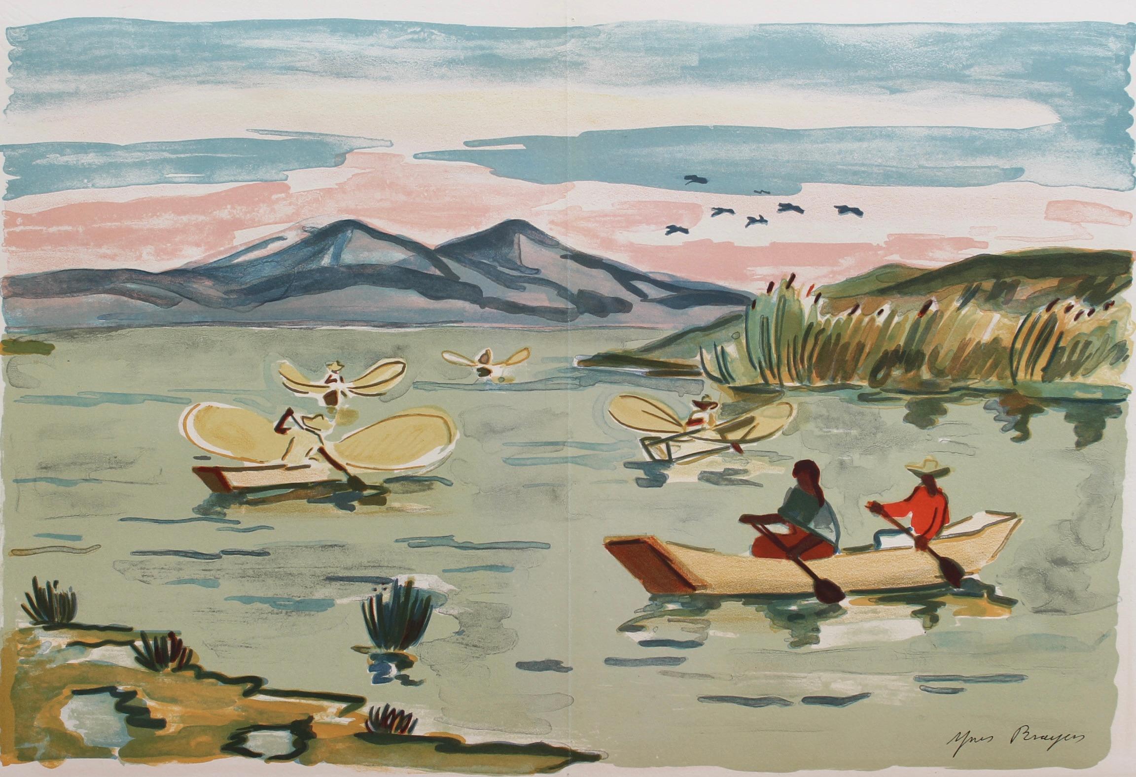 Pescadores mexicanos en el lago de Pátzcuaro', litografía de Yves Brayer (1963). Sin enmarcar. El artista, Yves Brayer, pasó un tiempo pintando en México en 1963, uno de los muchos destinos mundiales a los que viajó con la intención de retratar la