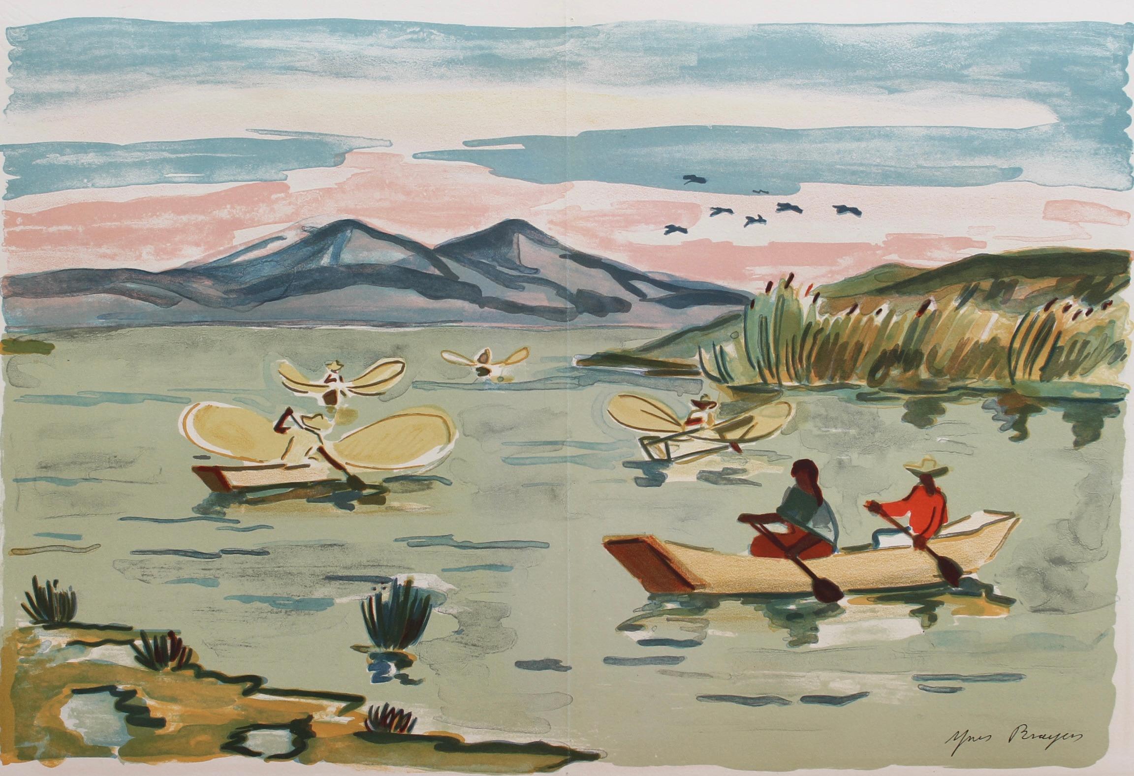 'Mexican Fishermen in Lake Patzcuaro' Lithograph by Yves Brayer Modern Landscape For Sale 1