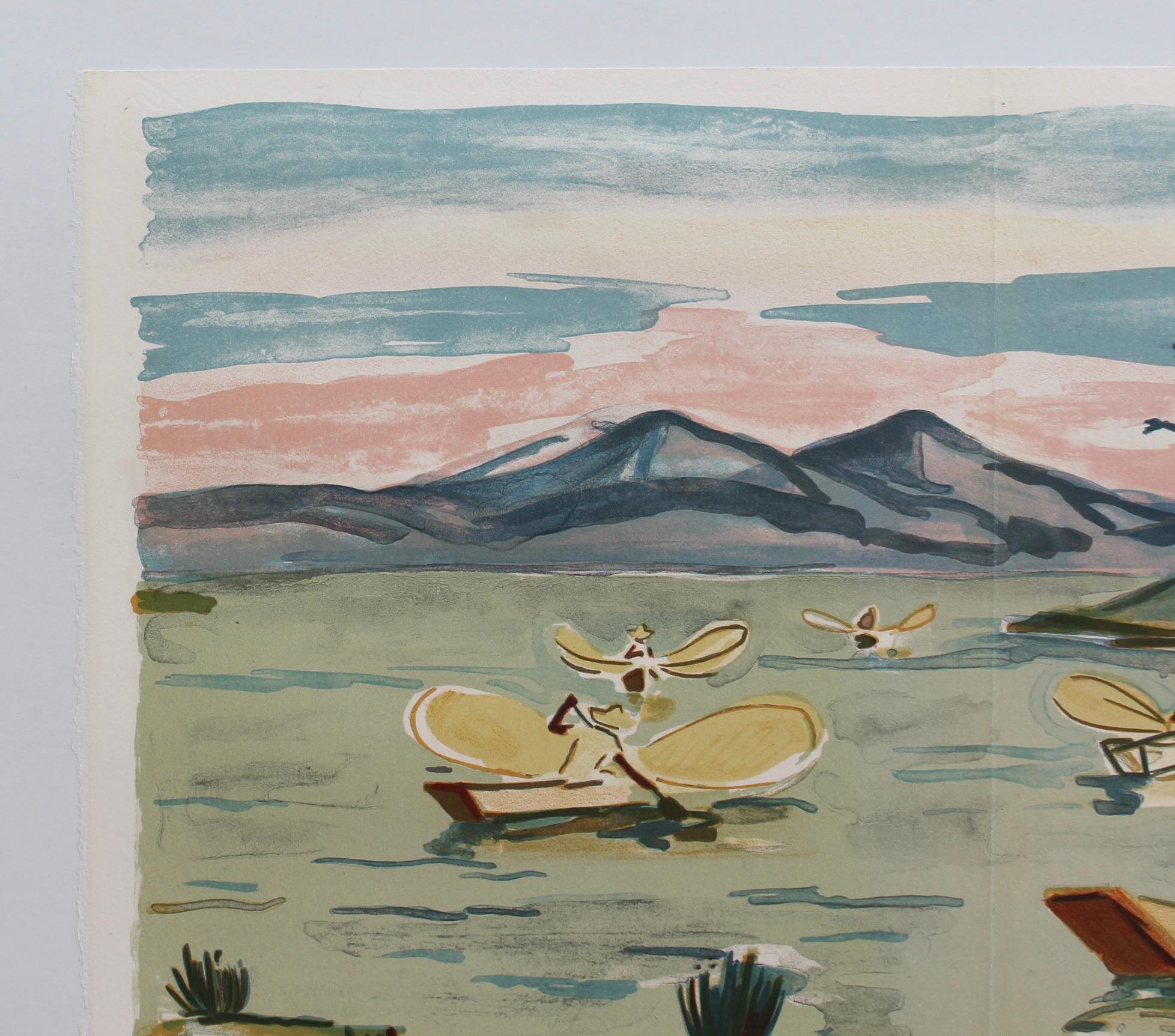 'Mexican Fishermen in Lake Patzcuaro', lithograph by Yves Brayer (1963). Unframed. The artist, Yves Brayer, spent time painting in Mexico in 1963, one of the many worldwide destinations to which he travelled with the intention of portraying life in