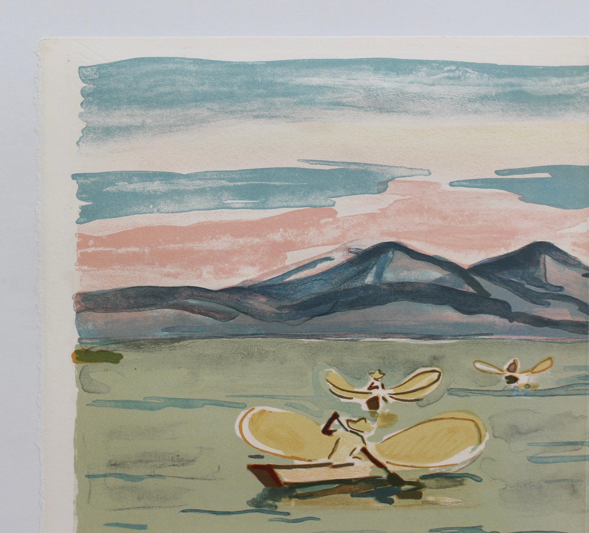 'Mexican Fishermen in Lake Patzcuaro' Lithograph by Yves Brayer Modern Landscape For Sale 1