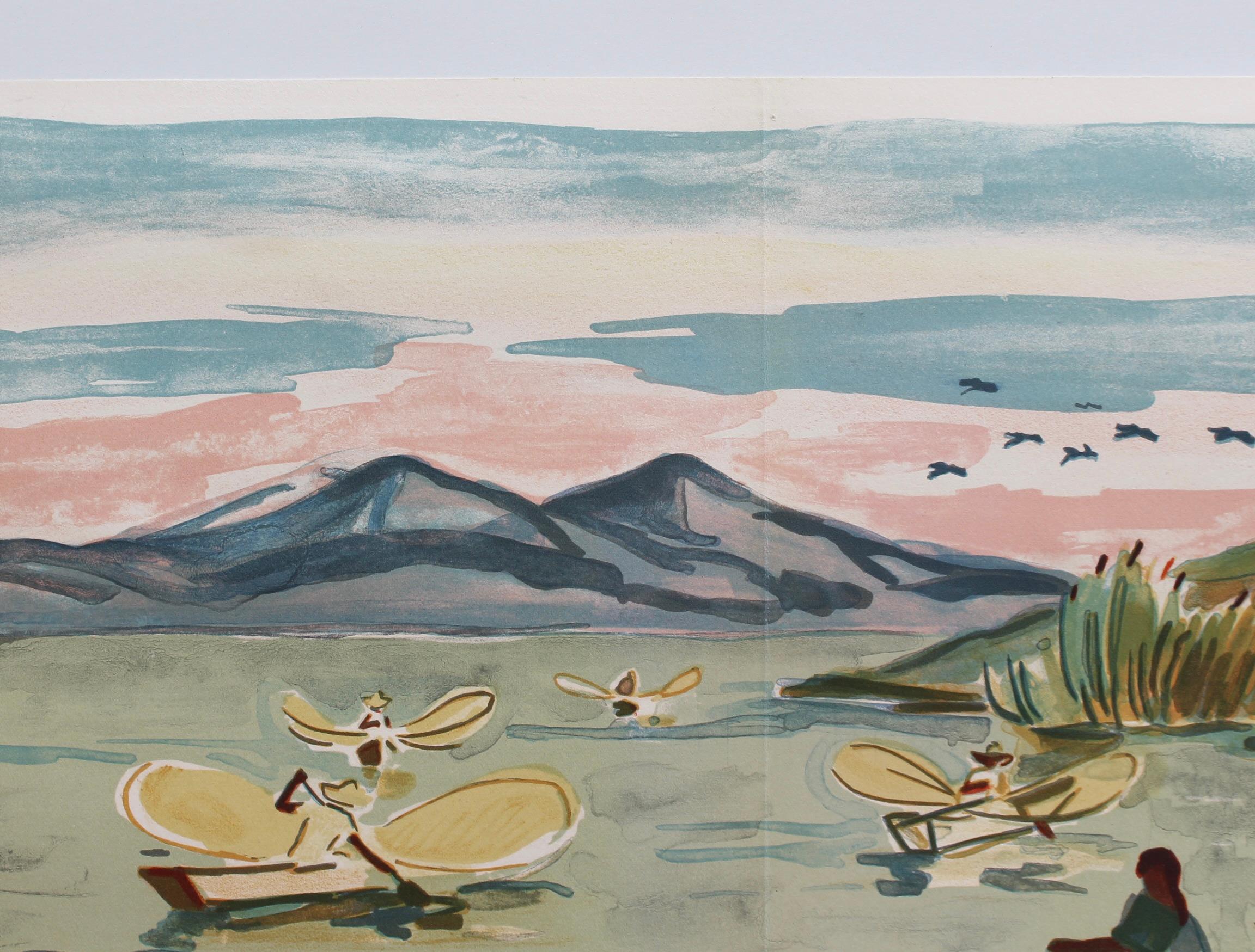 'Mexican Fishermen in Lake Patzcuaro' Lithograph by Yves Brayer Modern Landscape For Sale 4