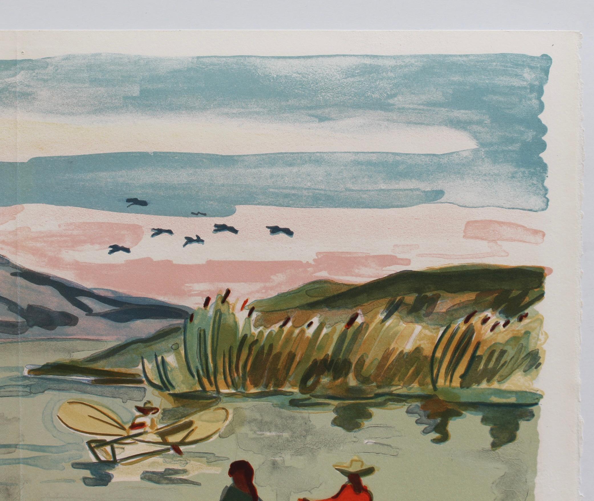 'Mexican Fishermen in Lake Patzcuaro' Lithograph by Yves Brayer Modern Landscape For Sale 3