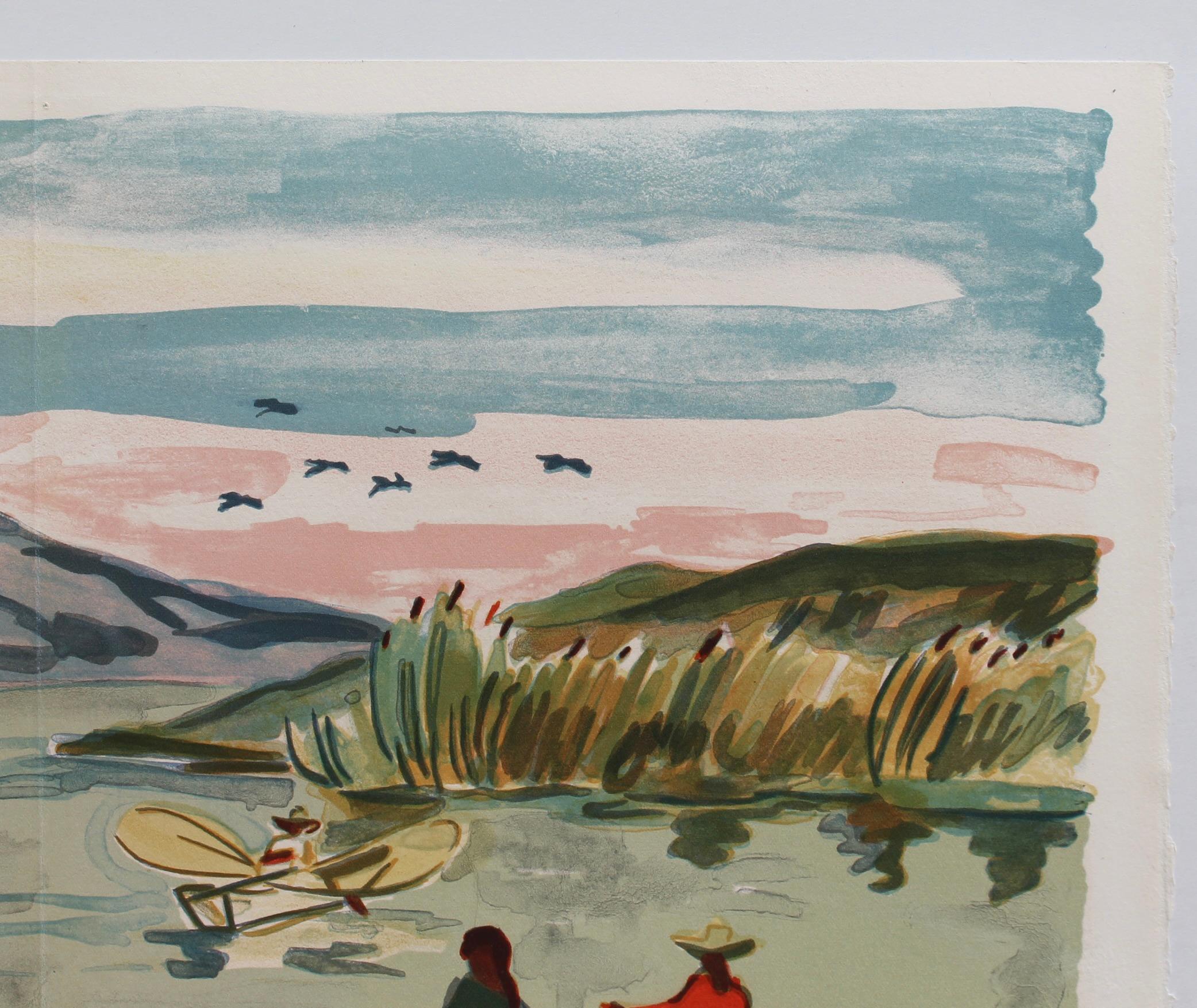 'Mexican Fishermen in Lake Patzcuaro' Lithograph by Yves Brayer Modern Landscape For Sale 5