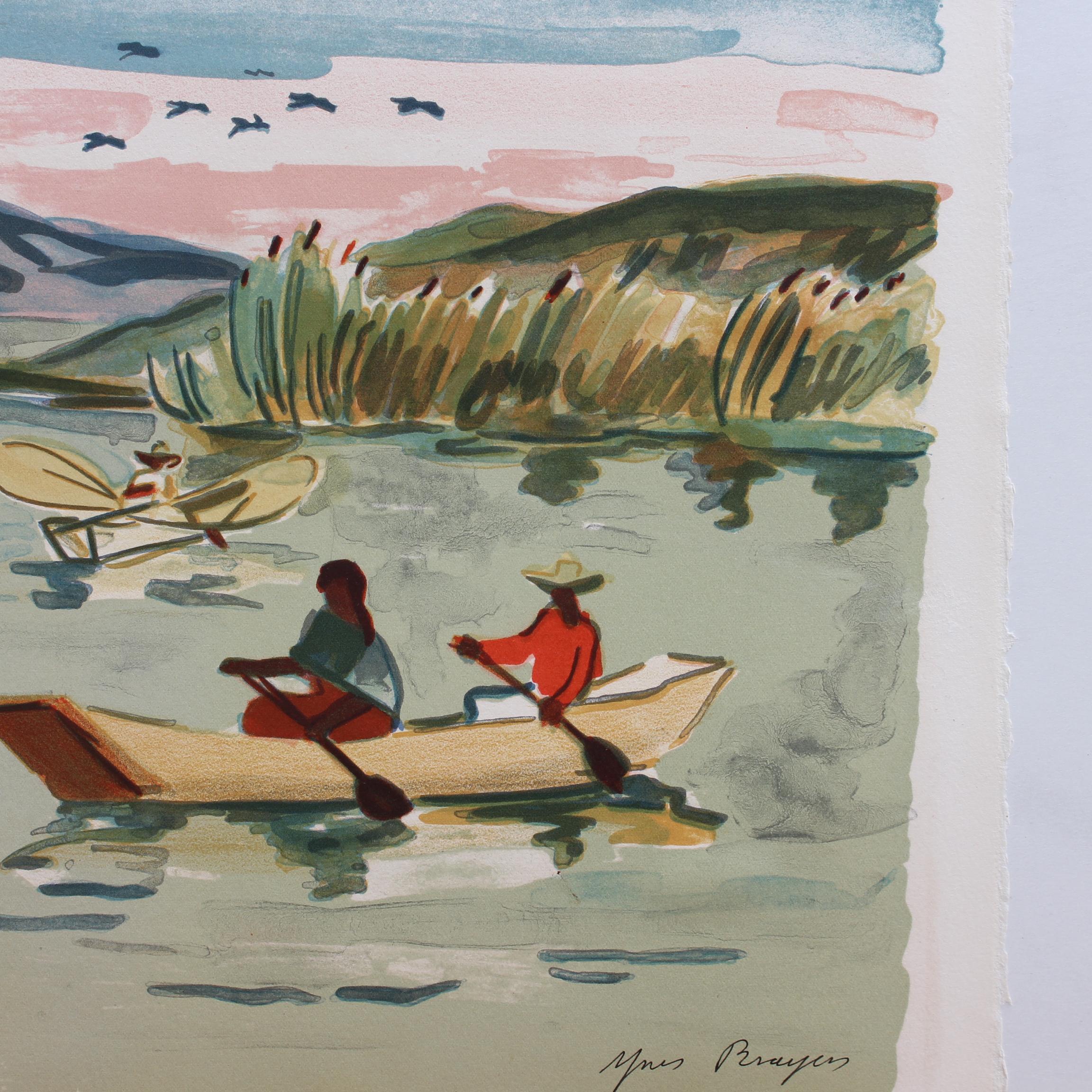 'Mexican Fishermen in Lake Patzcuaro' Lithograph by Yves Brayer Modern Landscape For Sale 6