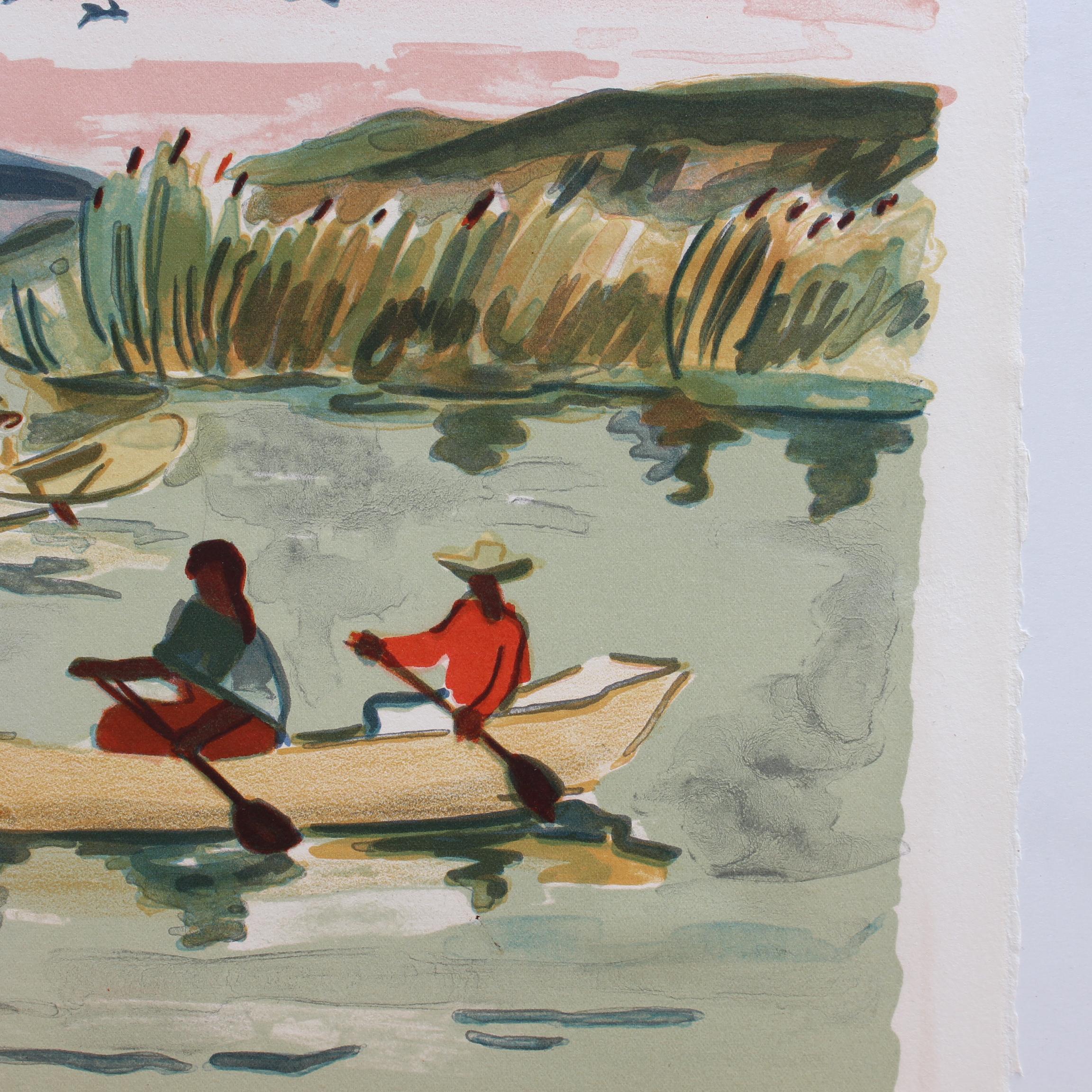 'Pescadores mexicanos en el lago de Pátzcuaro' Litografía de Yves Brayer Paisaje moderno en venta 6