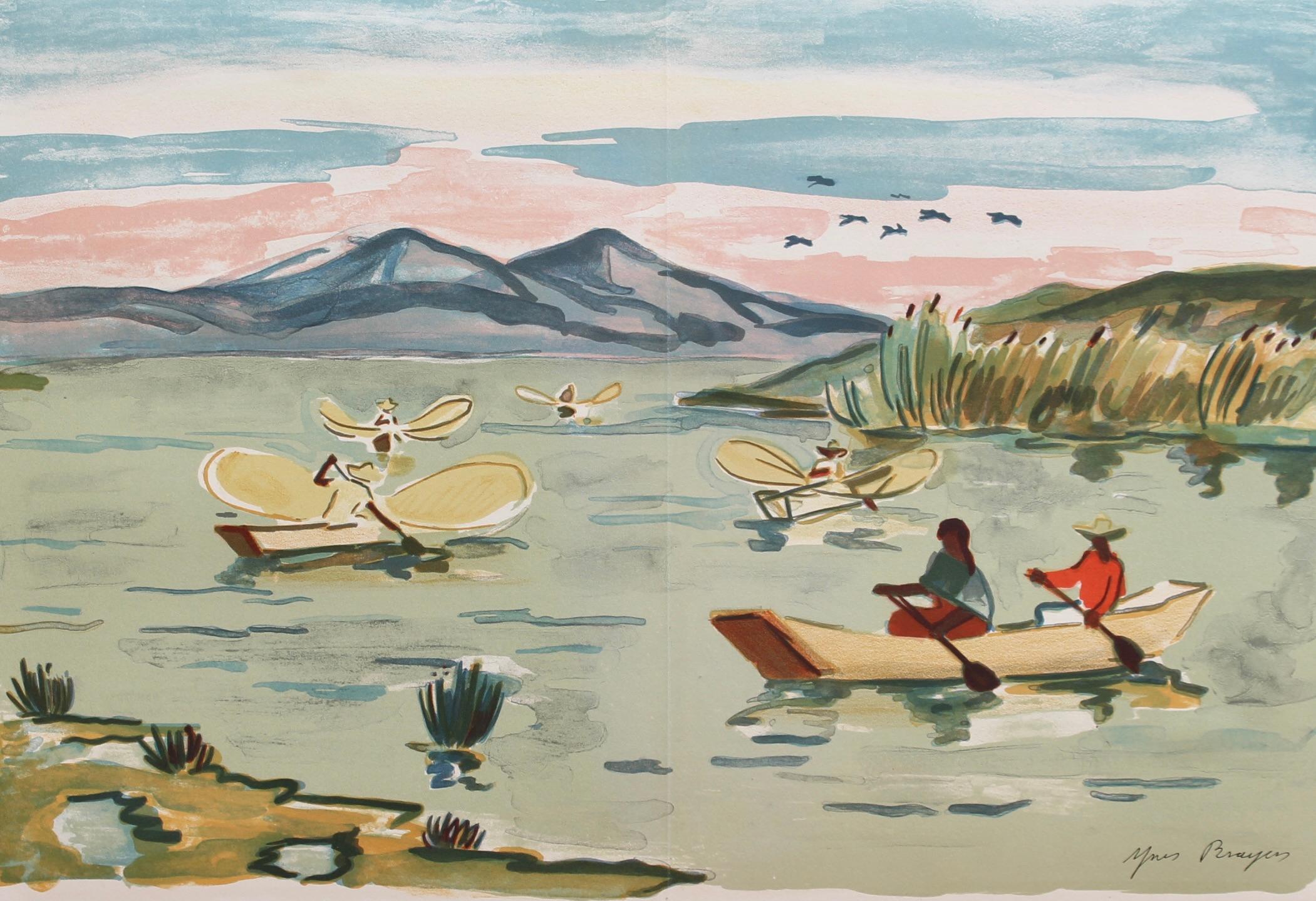 Lithographie „Mexikanische Fischer im See Patzcuaro“ von Yves Brayer Moderne Landschaft