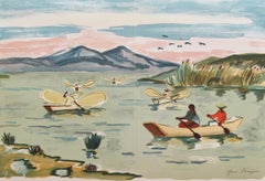'Mexican Fishermen in Lake Patzcuaro' Lithograph by Yves Brayer Modern Landscape