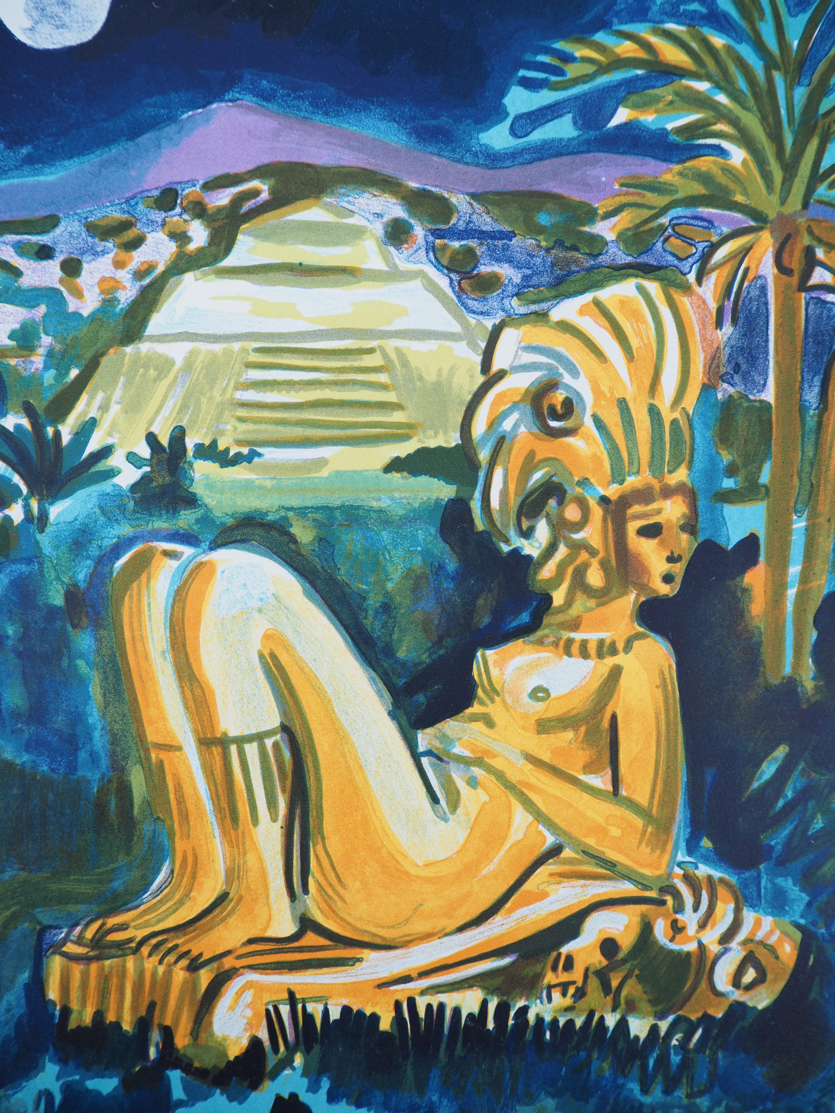 Mexico Mysteries (Pyramid) - Original handsigned lithograph - Gray Figurative Print by Yves Brayer