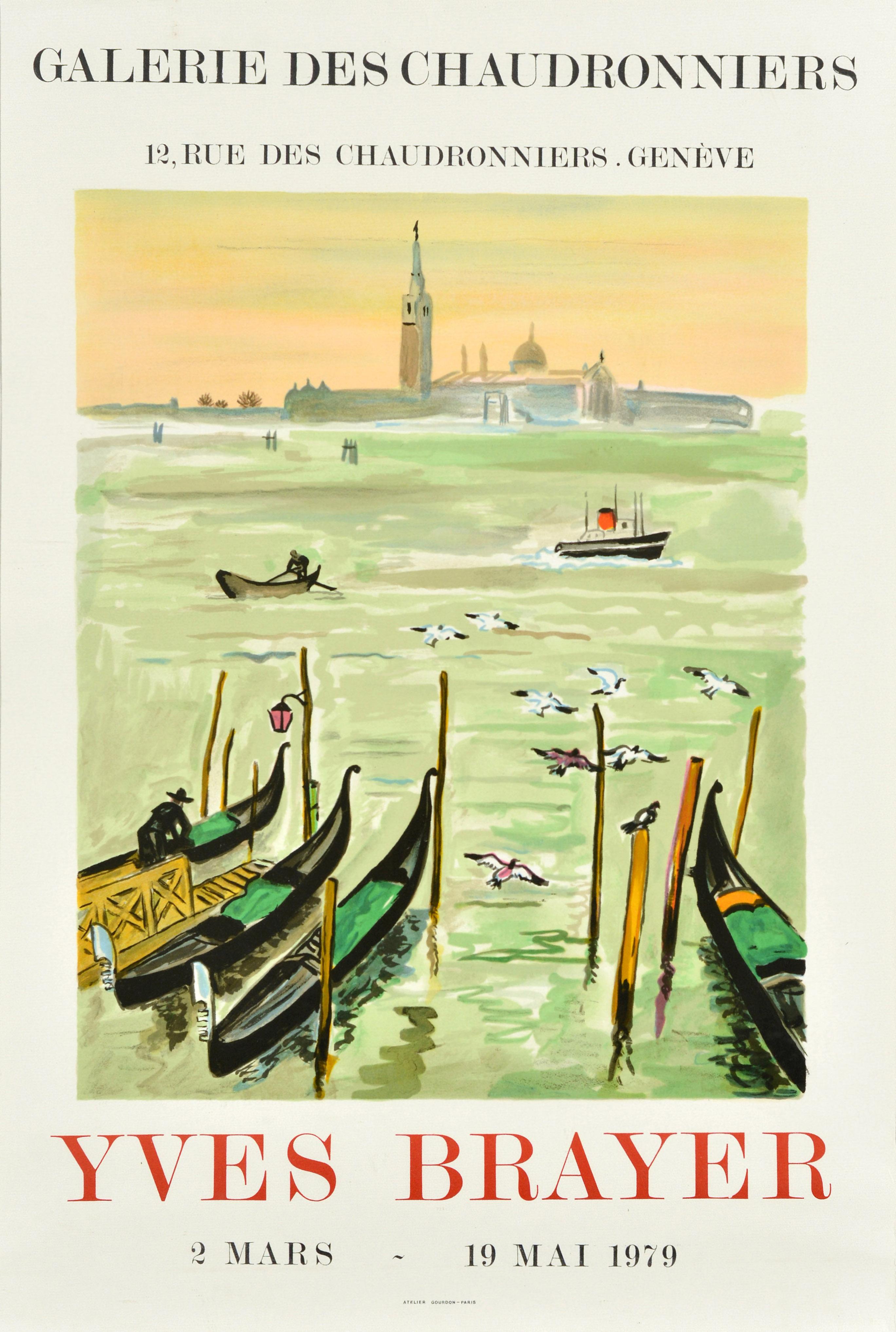 Originalplakat im Vintage-Stil für eine Ausstellung des französischen Malers Yves Brayer (1907-1990) in der Galerie Des Chaudronniers in Genf vom 2. März bis 19. Mai 1979. Das Plakat zeigt eine farbenfrohe Illustration von Venedig in Italien mit