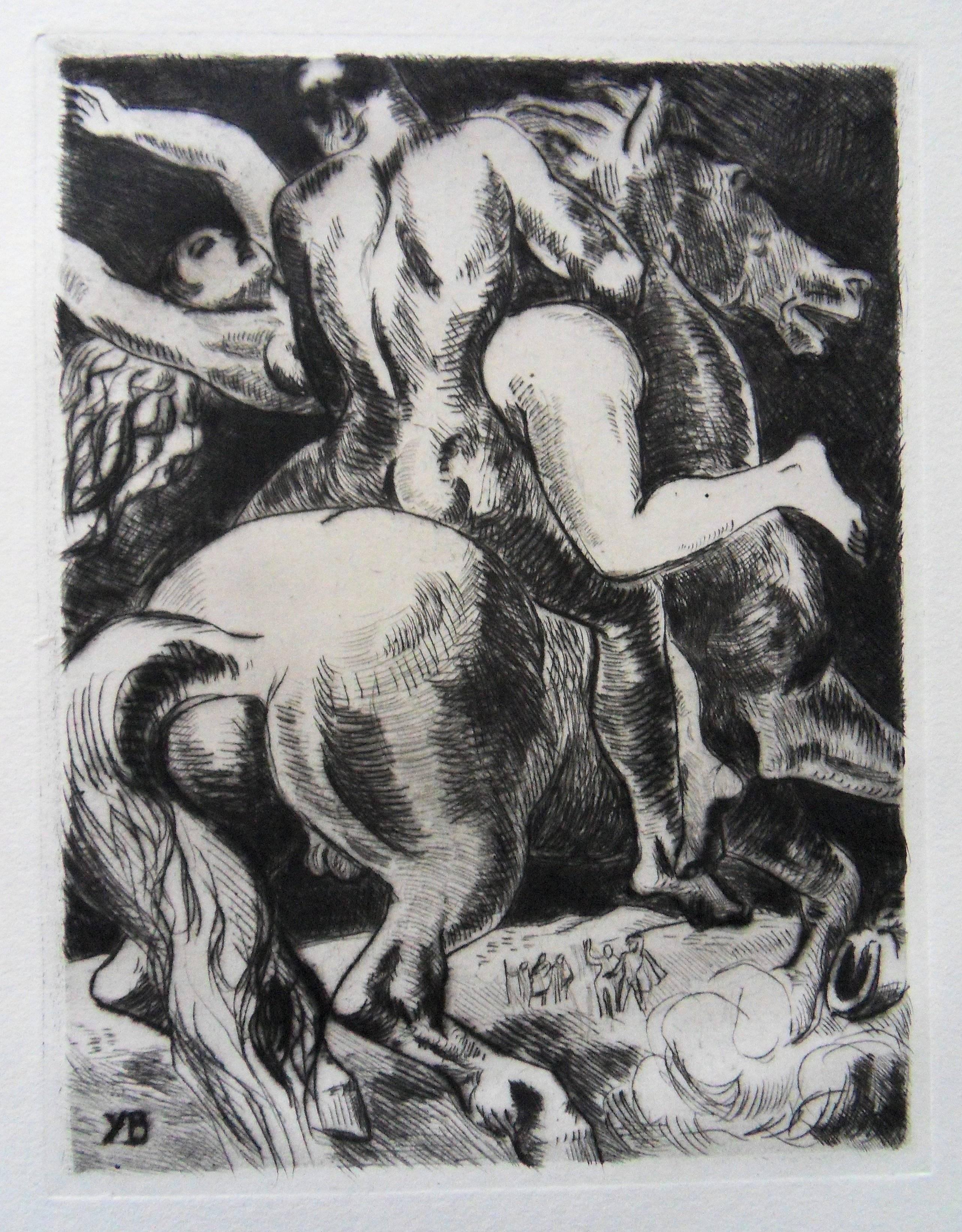 Figurative Print Yves Brayer - Rape of the Sabine Women (Le Rape des Sabines) - gravure originale, 1943