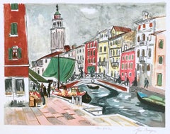 VENISE : MARCHÉ AUX FLEURS Lithographie signée, scène de marché italien, canal de Venise 