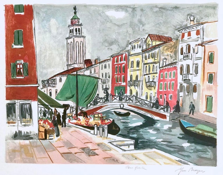Yves Brayer Buildings, bridge and boats scene