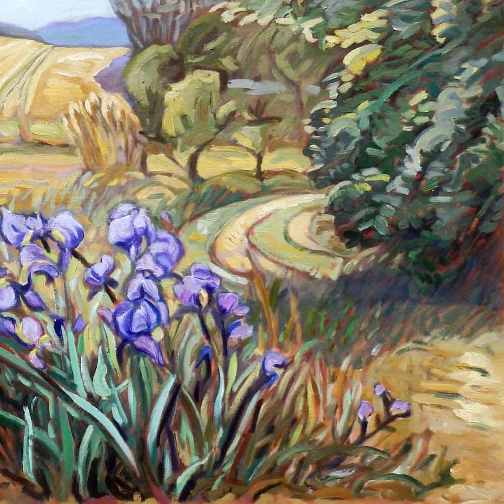 „Orchestra der Irisen“, lebhaftes postimpressionistisches lila geblümtes Ölgemälde mit Blumenmuster – Painting von Yves Calméjane