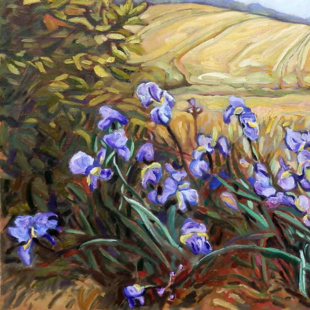 „Orchestra der Irisen“, lebhaftes postimpressionistisches lila geblümtes Ölgemälde mit Blumenmuster (Impressionismus), Painting, von Yves Calméjane
