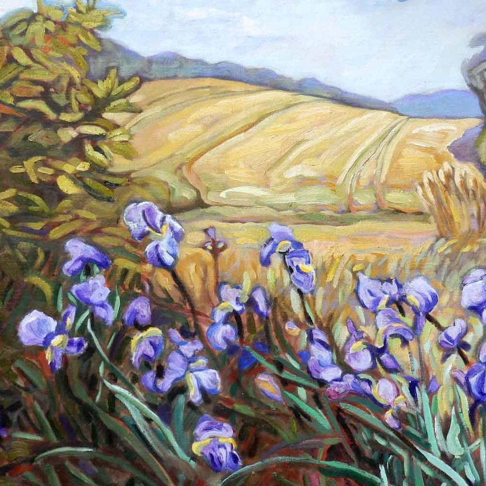 „Orchestra der Irisen“, lebhaftes postimpressionistisches lila geblümtes Ölgemälde mit Blumenmuster im Angebot 3