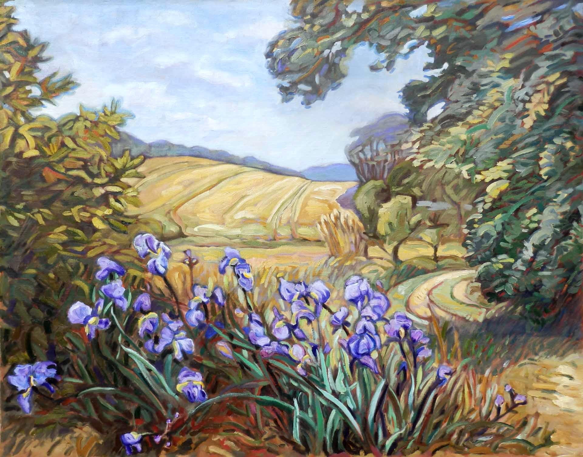 Yves Calméjane Figurative Painting – „Orchestra der Irisen“, lebhaftes postimpressionistisches lila geblümtes Ölgemälde mit Blumenmuster