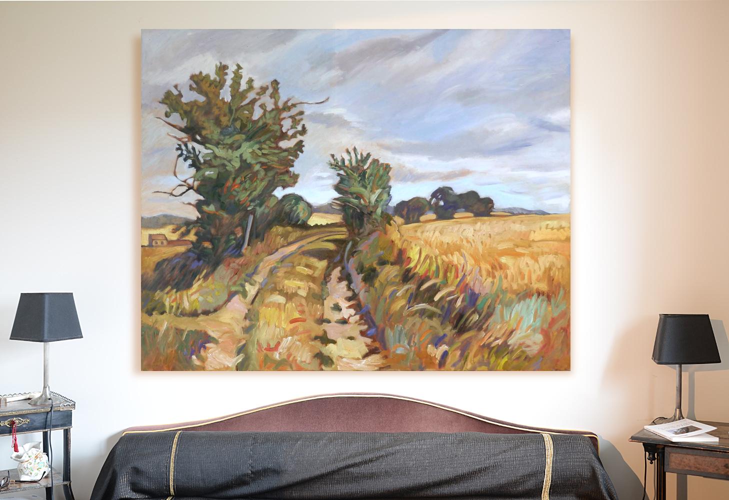 „The Path of Playing Hooky“, Französische Landschaftsway Through Fields, Ölgemälde – Painting von Yves Calméjane