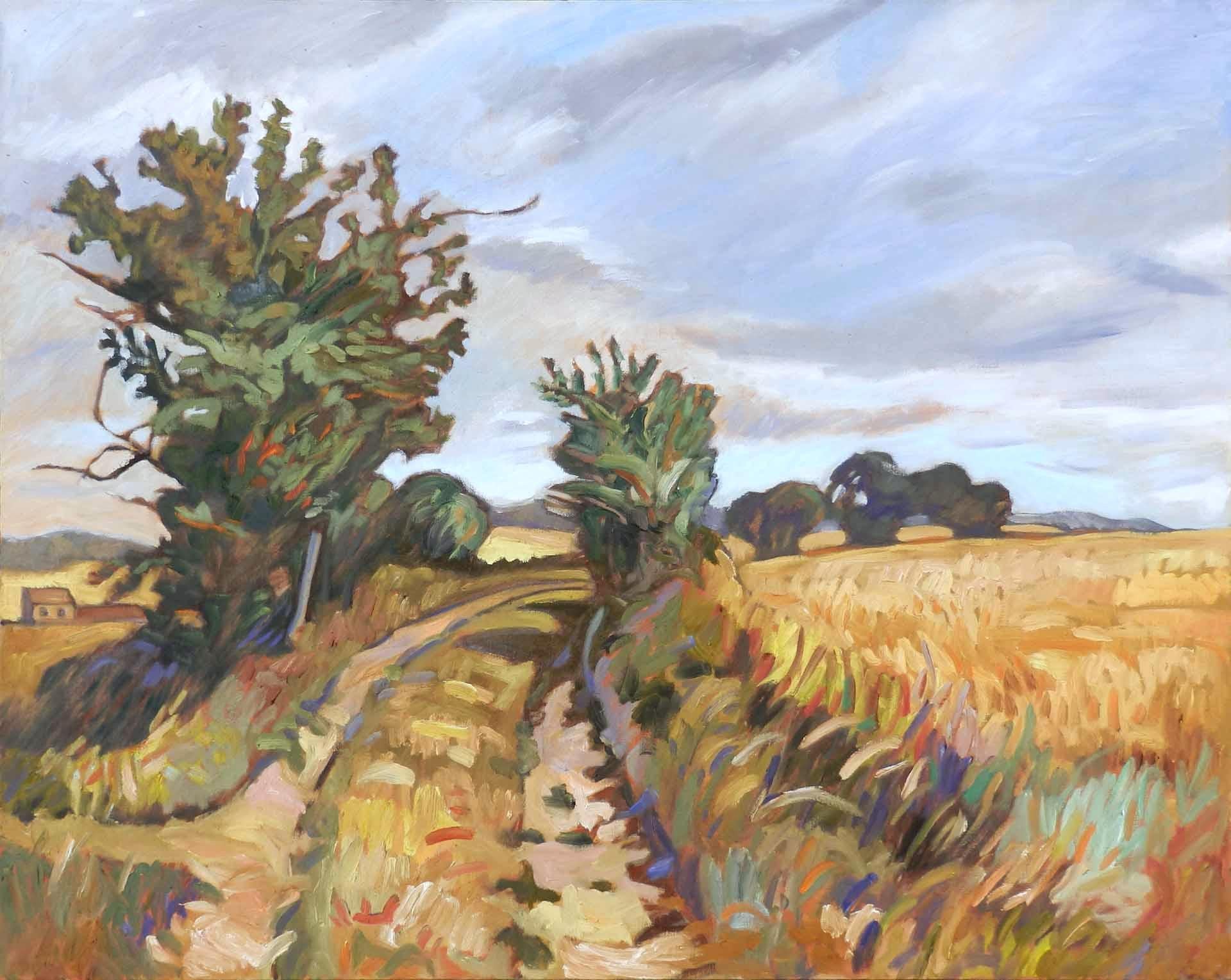 Landscape Painting de Yves Calméjane - "El camino de jugar al pilla-pilla", Pintura al óleo Camino rural francés a través de los campos