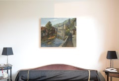 "Villégiature au fil de l'eau", French River Town Oil Painting, Soft