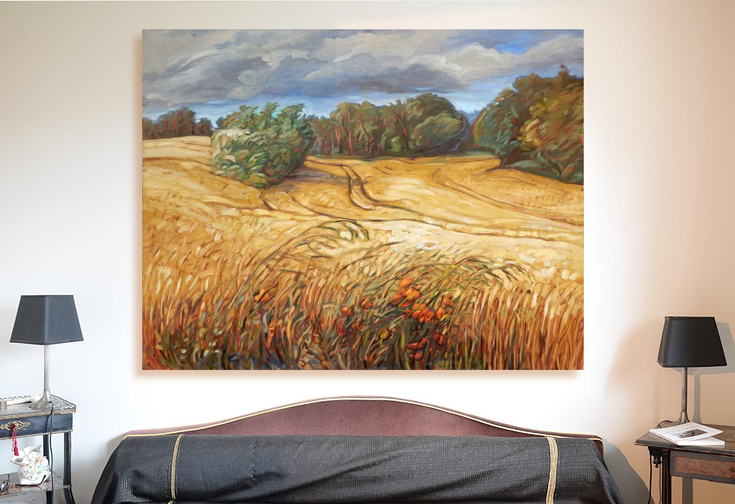 „Weizen unter dem Sturm“, faszinierende stürmische Landschaft vor der Erntezeit von Weizenfeldern – Painting von Yves Calméjane