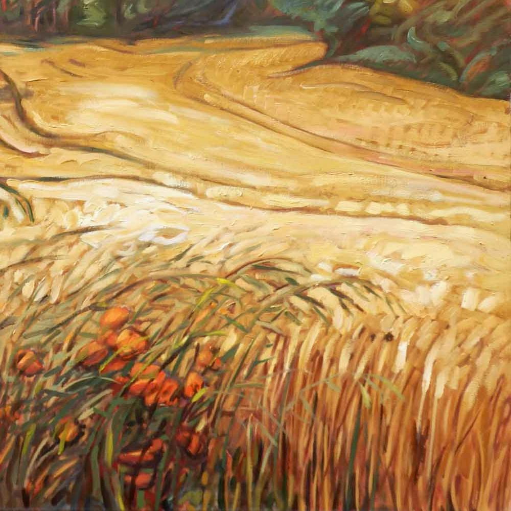 „Weizen unter dem Sturm“, faszinierende stürmische Landschaft vor der Erntezeit von Weizenfeldern (Impressionismus), Painting, von Yves Calméjane