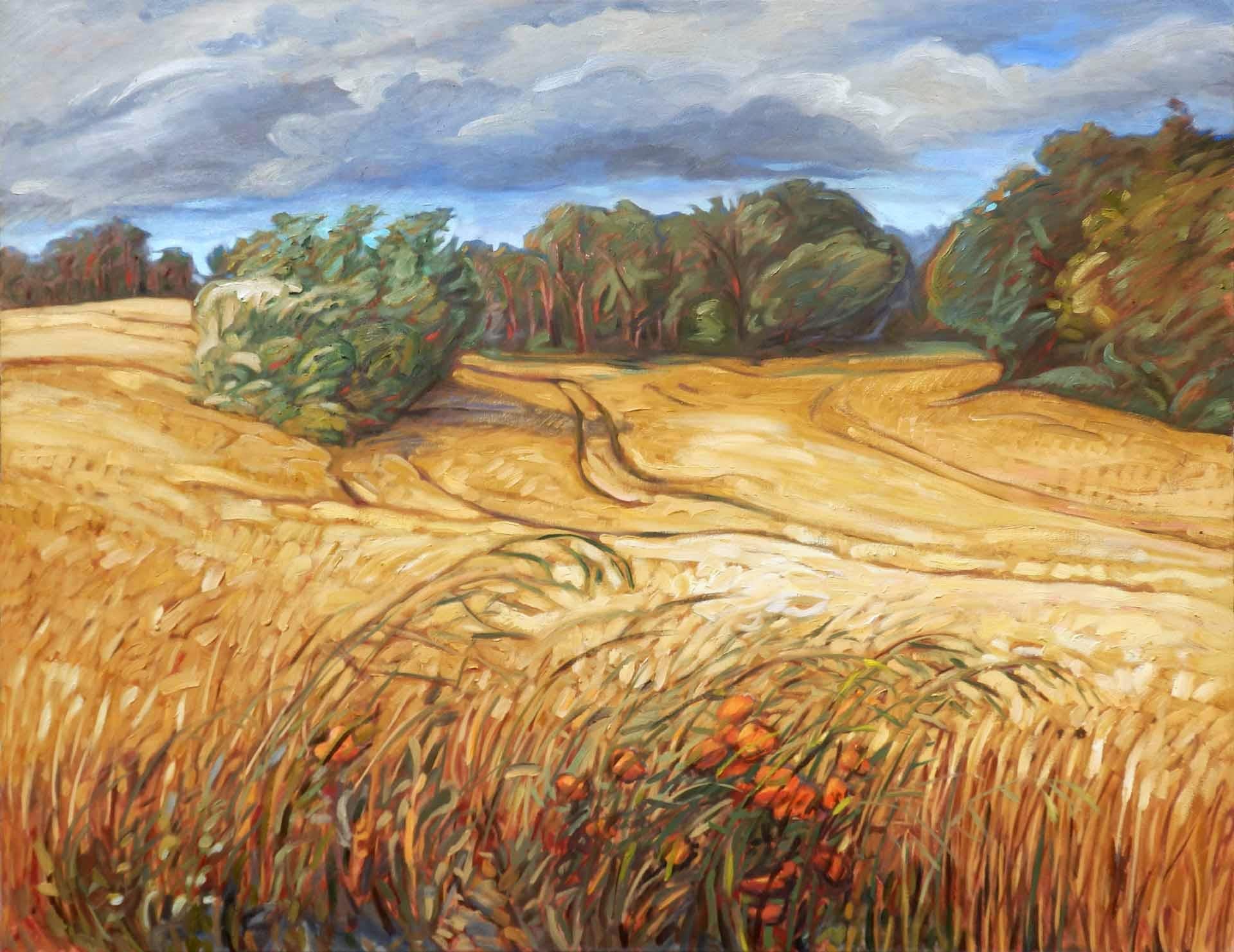 Yves Calméjane Figurative Painting – „Weizen unter dem Sturm“, faszinierende stürmische Landschaft vor der Erntezeit von Weizenfeldern
