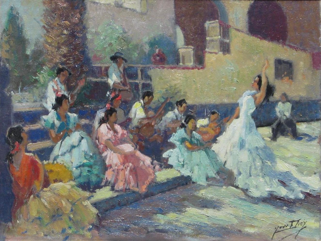 Huile originale sur toile de l'artiste français Yves Diey (1892-1984).  
Signé en bas à droite. En parfait état. 
Le sujet met en scène des danseuses de flamenco.
Mesures : 11