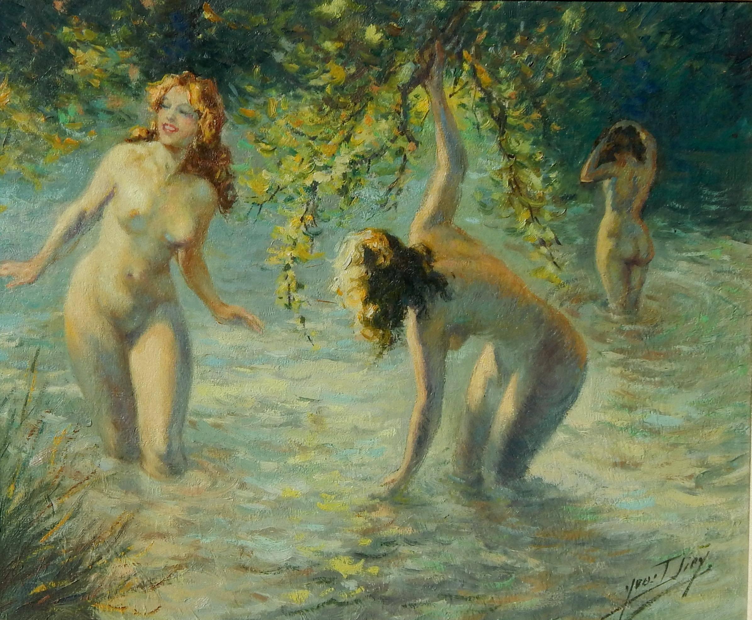 Óleo sobre lienzo del artista francés Yves Diey, Les Baigneuses en venta 1