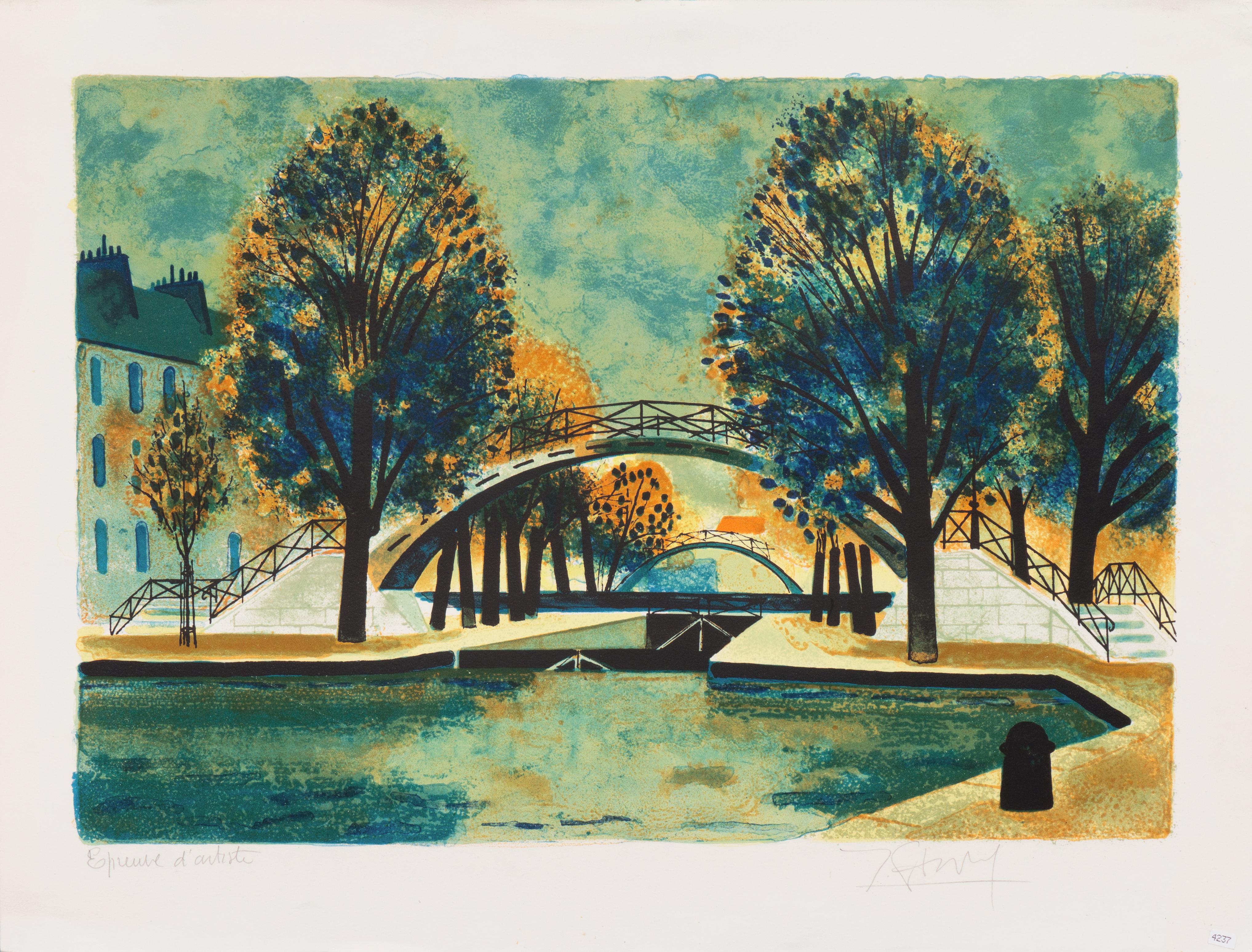 'Canal Saint-Martin', School of Paris, Paris MoMA, Post-Impressionist landscape - Print by Yves Ganne