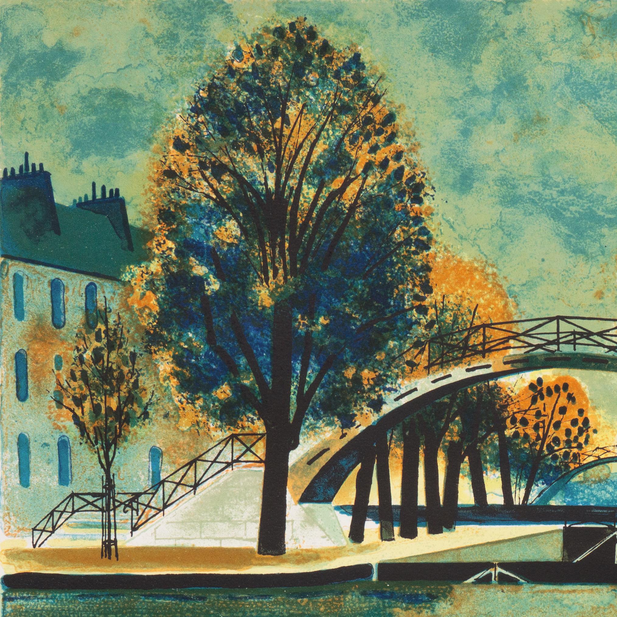 'Canal Saint-Martin', School of Paris, Paris MoMA, Post-Impressionist landscape - Gray Landscape Print by Yves Ganne