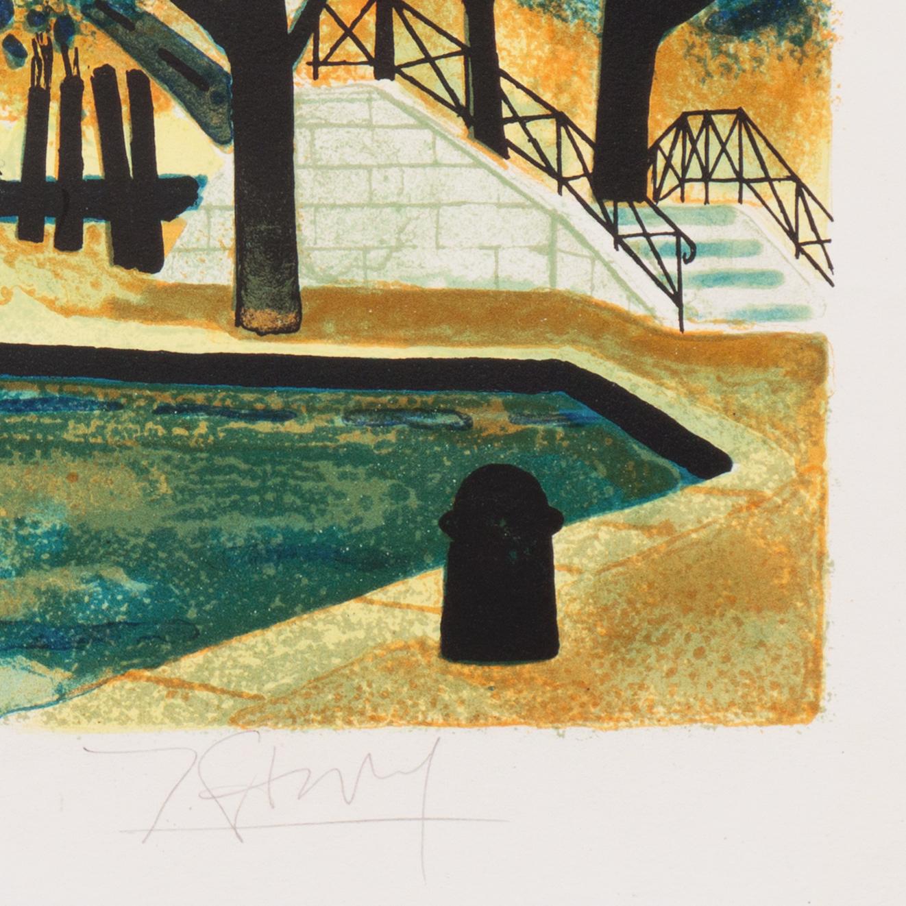 Canal Saint-Martin, École de Paris, MoMA, paysage post-impressionniste - Gris Landscape Print par Yves Ganne